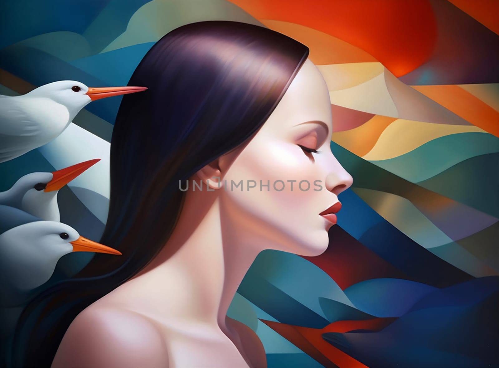 woman energy colourful silhouette concept cute face lip glow freedom creative fashion illustration hair lady art beauty god brave bird white. Generative AI.