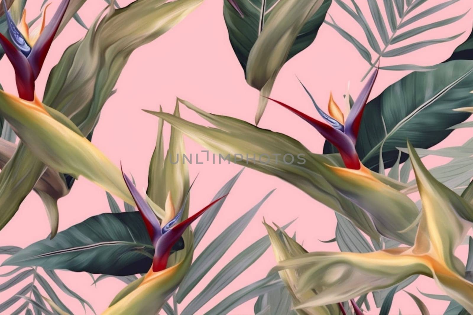 pink jungle colorful seamless trendy pattern tropical orange flower leaf. Generative AI. by Vichizh
