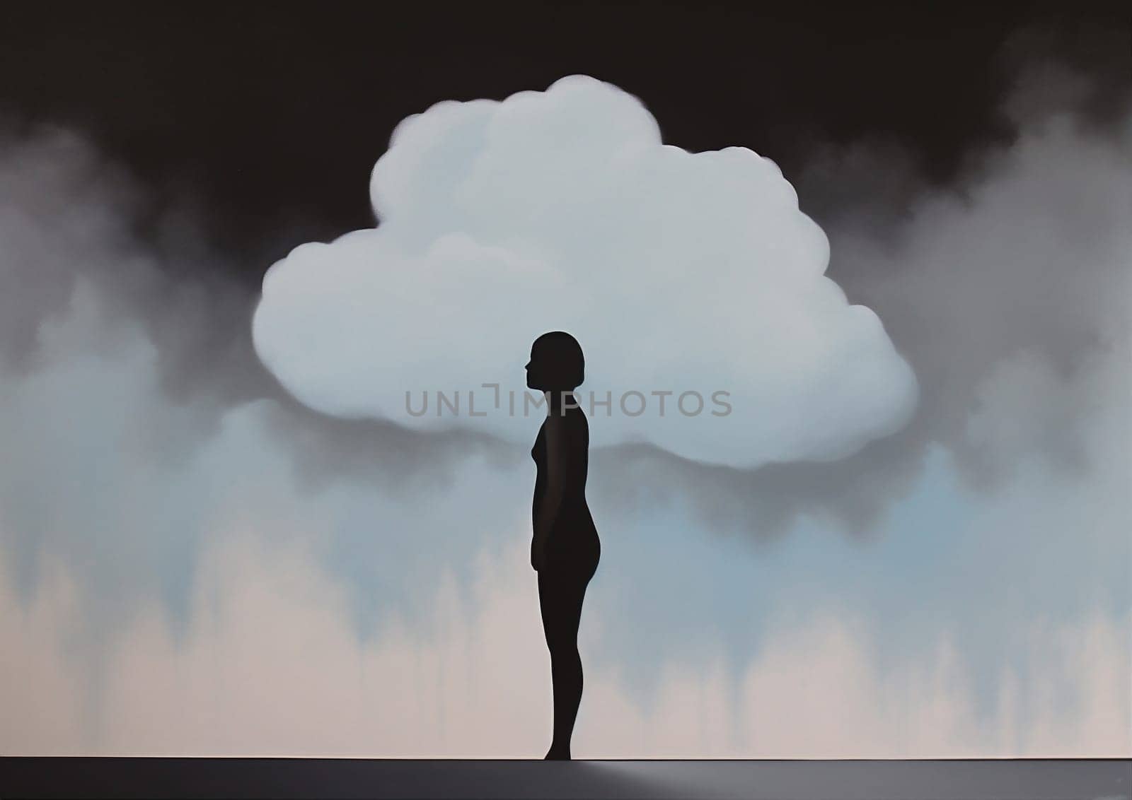 man woman creative poster dream face concept leaking dramatic black cloud idea. Generative AI. by Vichizh