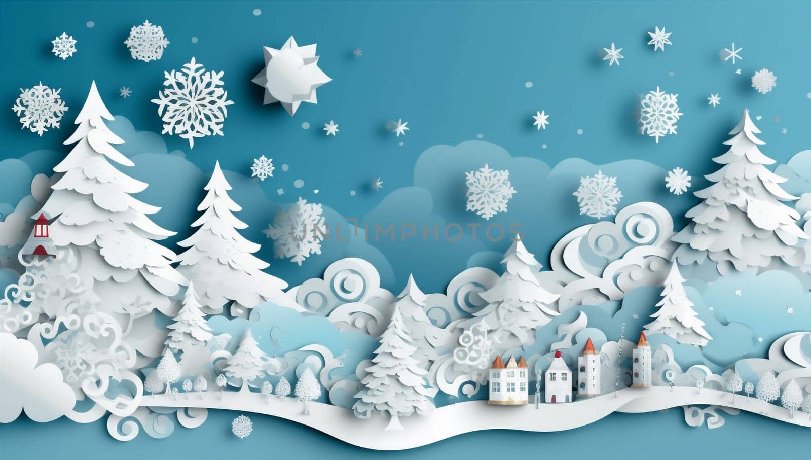blue merry origami christmas background paper snowflakes winter art sky tree. Generative AI. by Vichizh