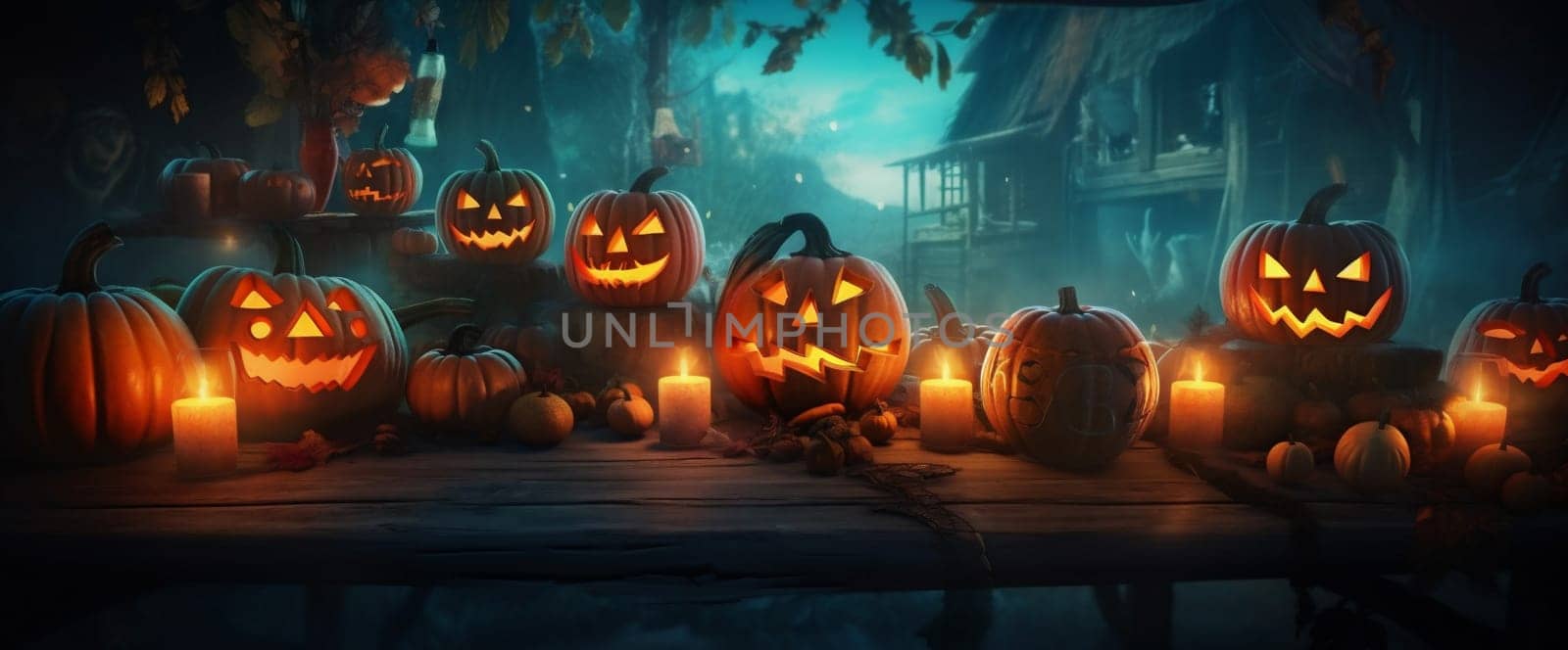 candle halloween horror background mystery night evil fear table blue pumpkin. Generative AI. by Vichizh