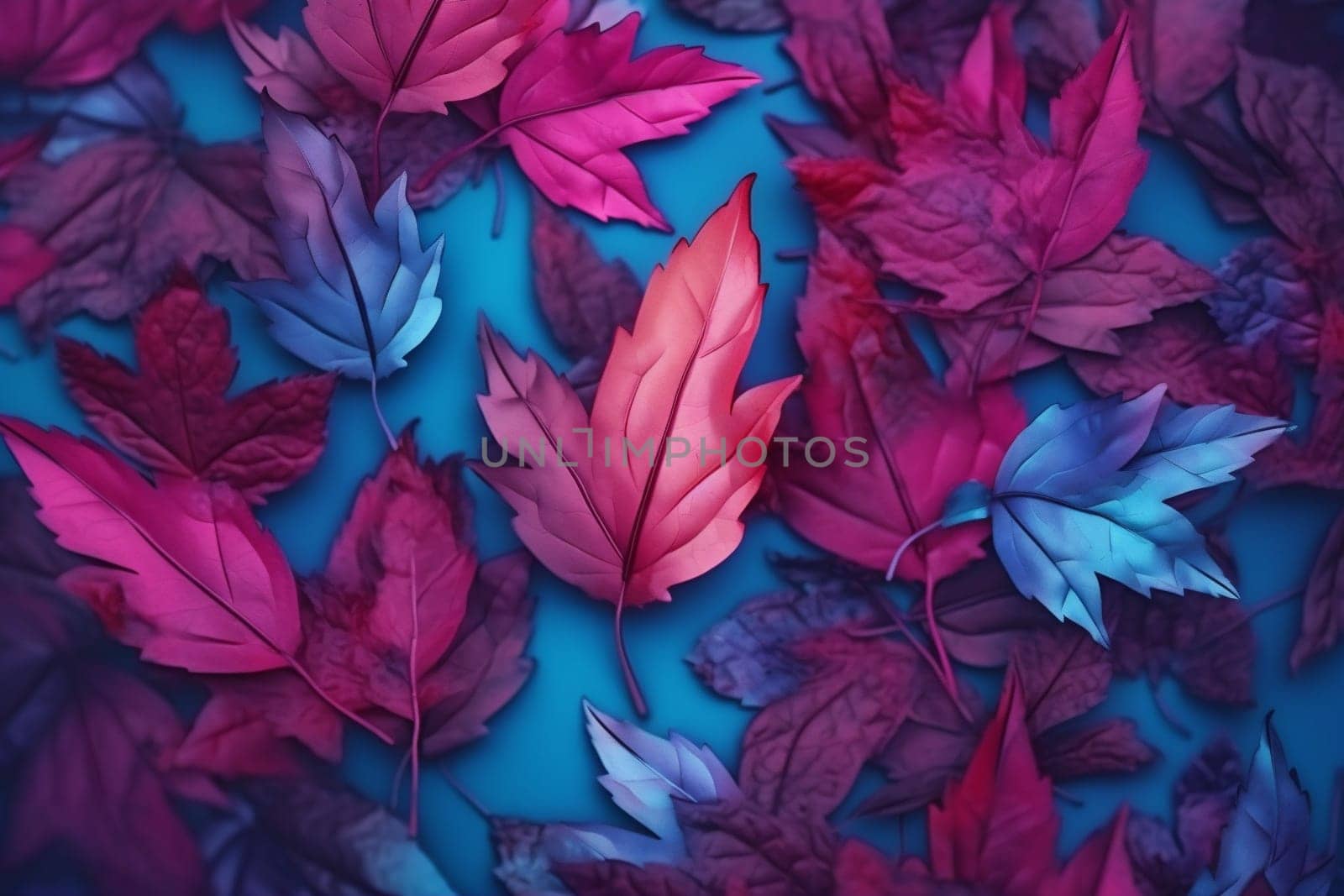 art leaf botany design neon pink nature september season tree gold orange metallic bright dark red pattern plant autumn fall. Generative AI.