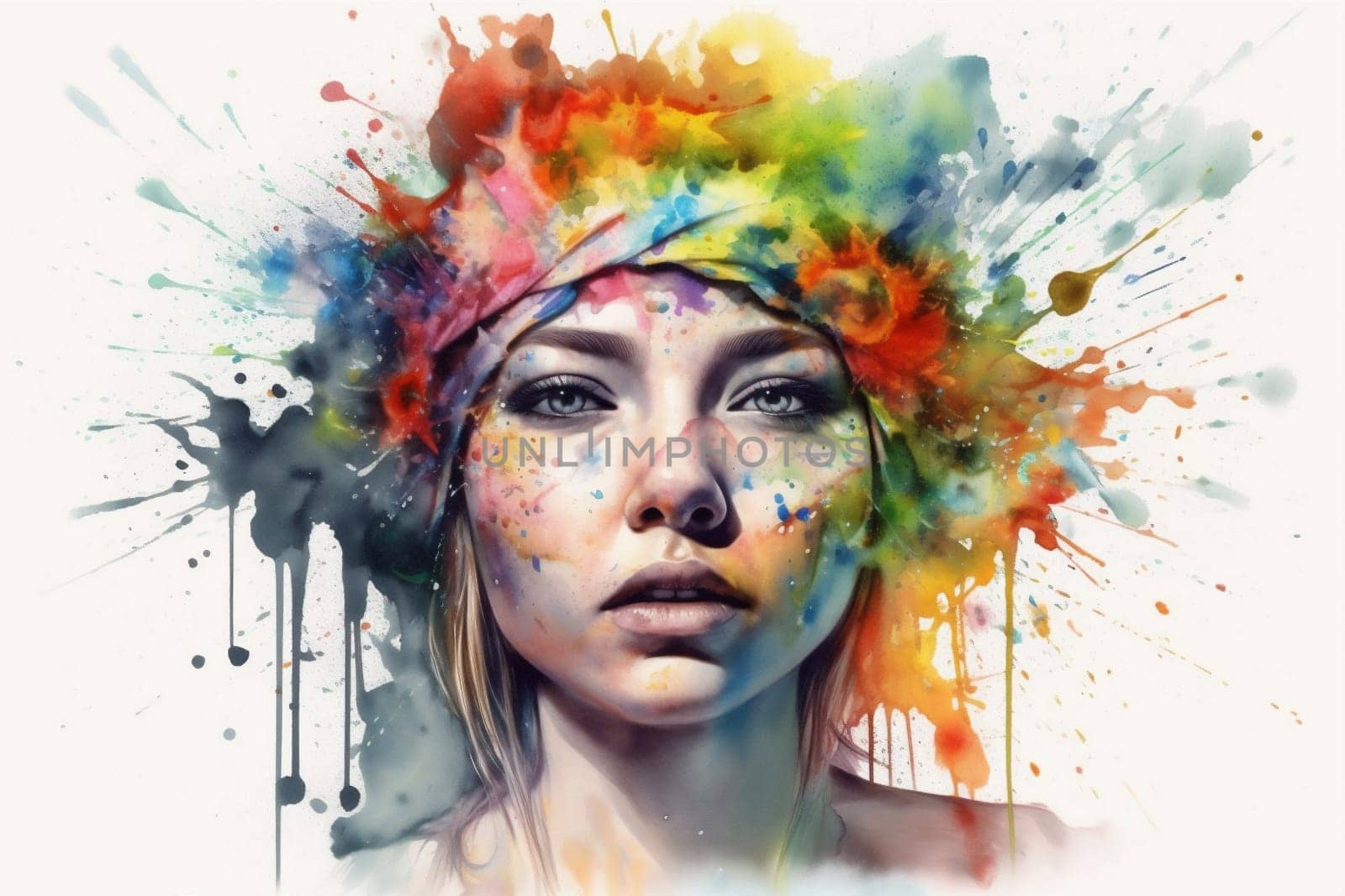 woman fashion face elegance feminine background beauty grunge illustration portrait women's colours paint watercolor style lip beautiful art colourful day ink make-up. Generative AI.