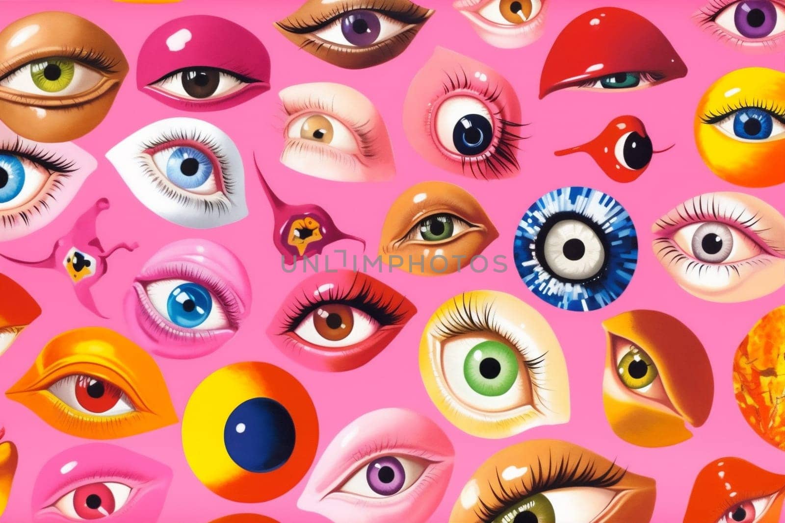 doodle pattern pink background seamless hand-drawn blue illustration design abstract eye. Generative AI. by Vichizh