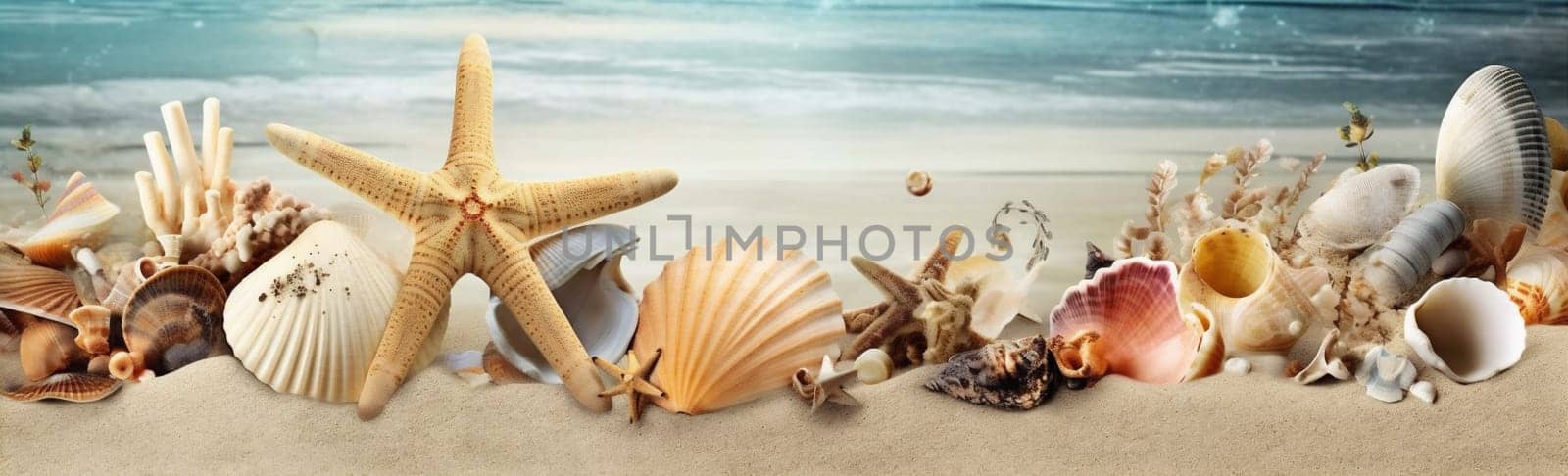ocean nature shell sea banner tropical summer beach sand holiday. Generative AI. by Vichizh