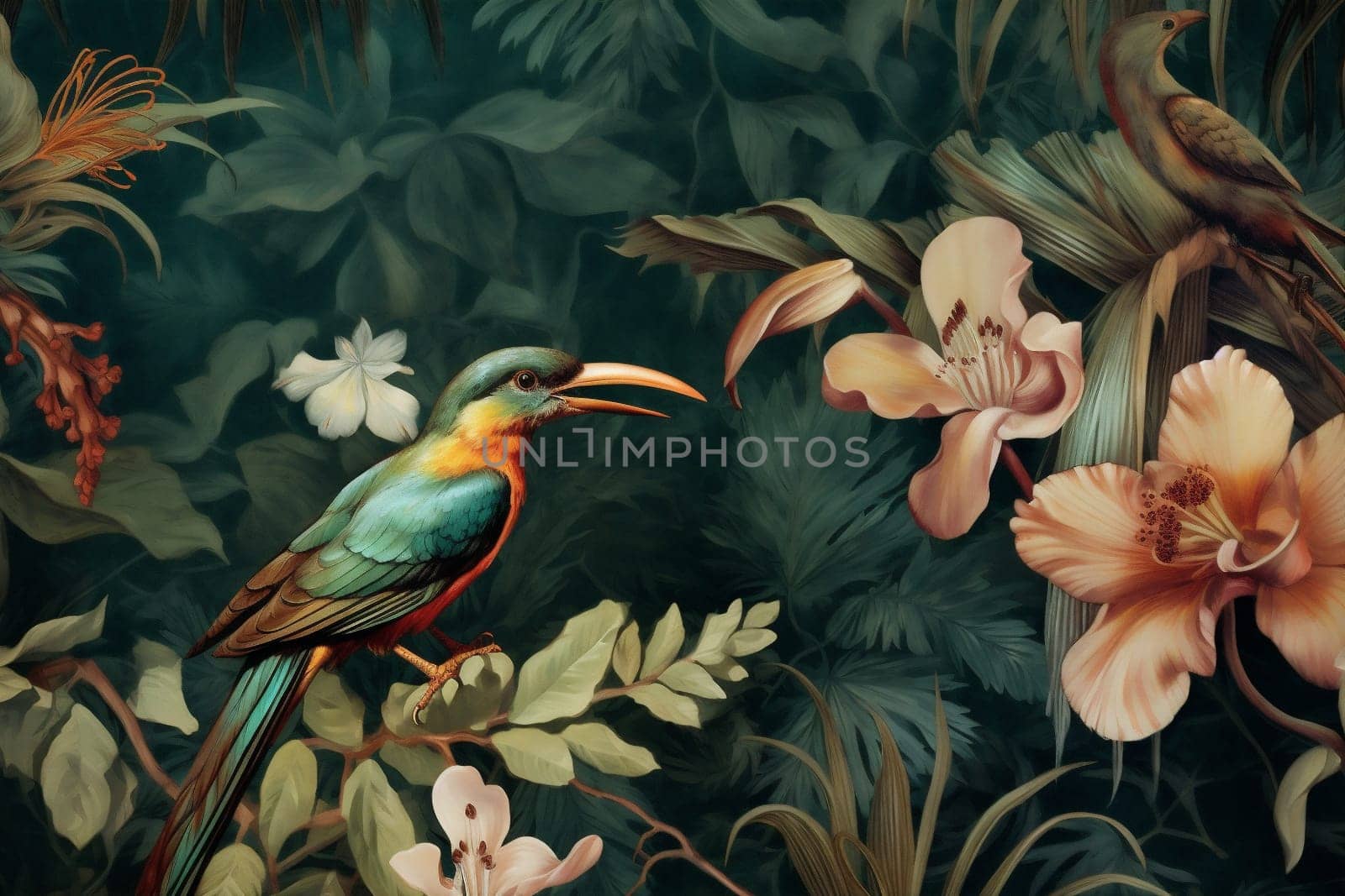 bird tropical leaf nature flower art jungle exotic palm wallpaper. Generative AI. by Vichizh