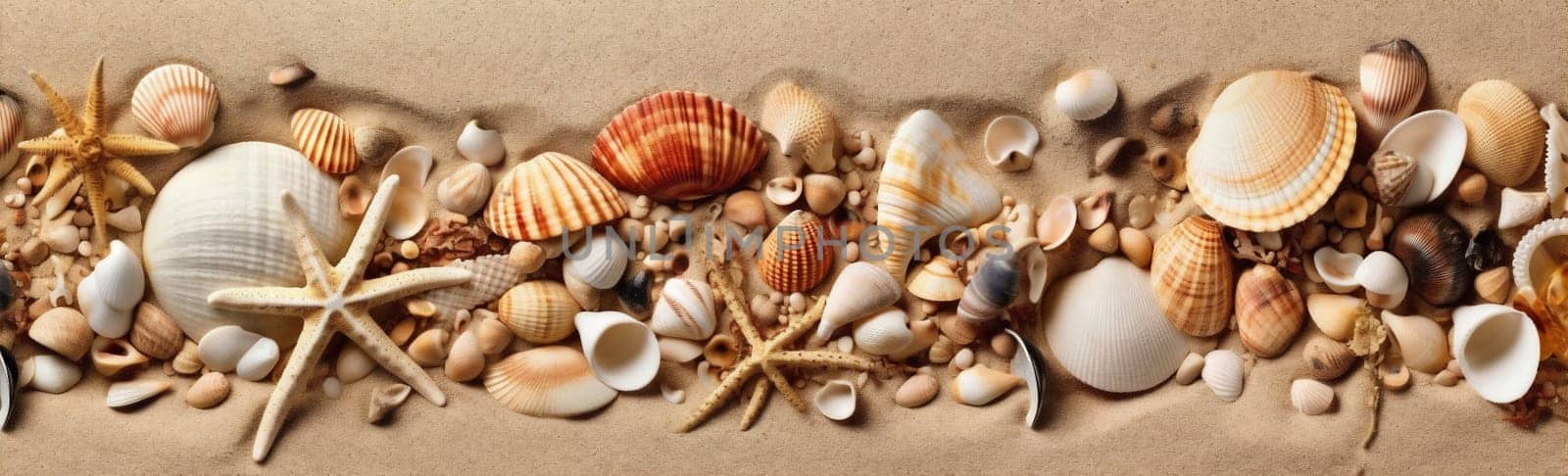 tropical sand nature shell ocean sea beach holiday summer banner. Generative AI. by Vichizh