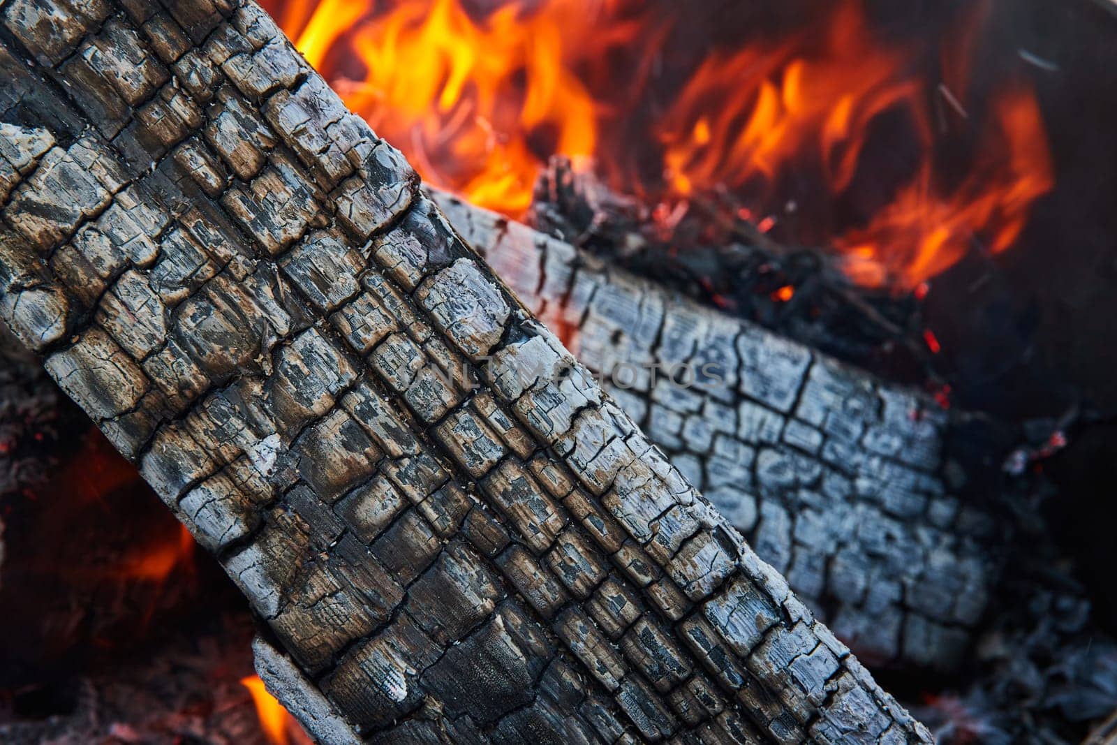 Image of Close up detailed shot of blistered log and orange and red flames behind it