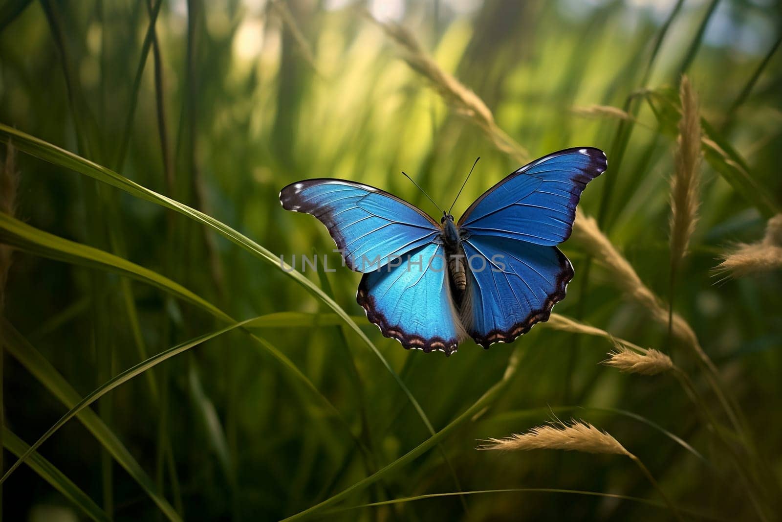 Single peleides blue morpho butterfly in grass, generative ai