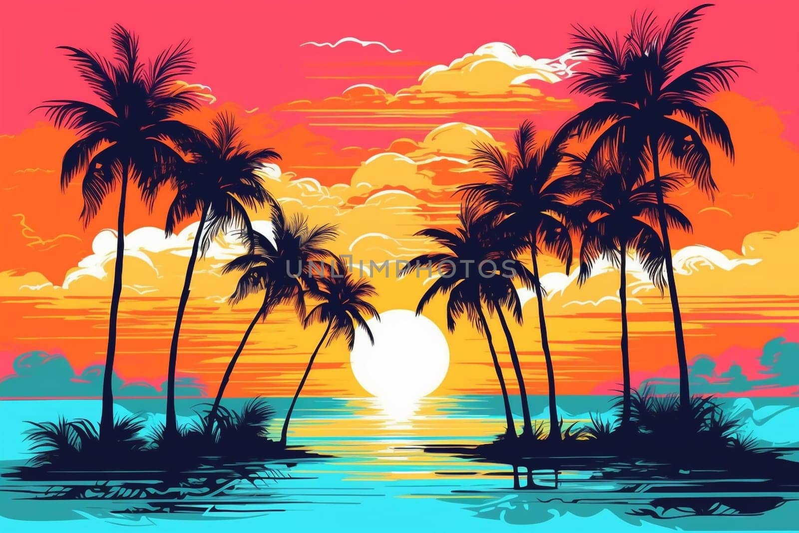Graphic image with palm trees and sunset, generative ai by darekb22