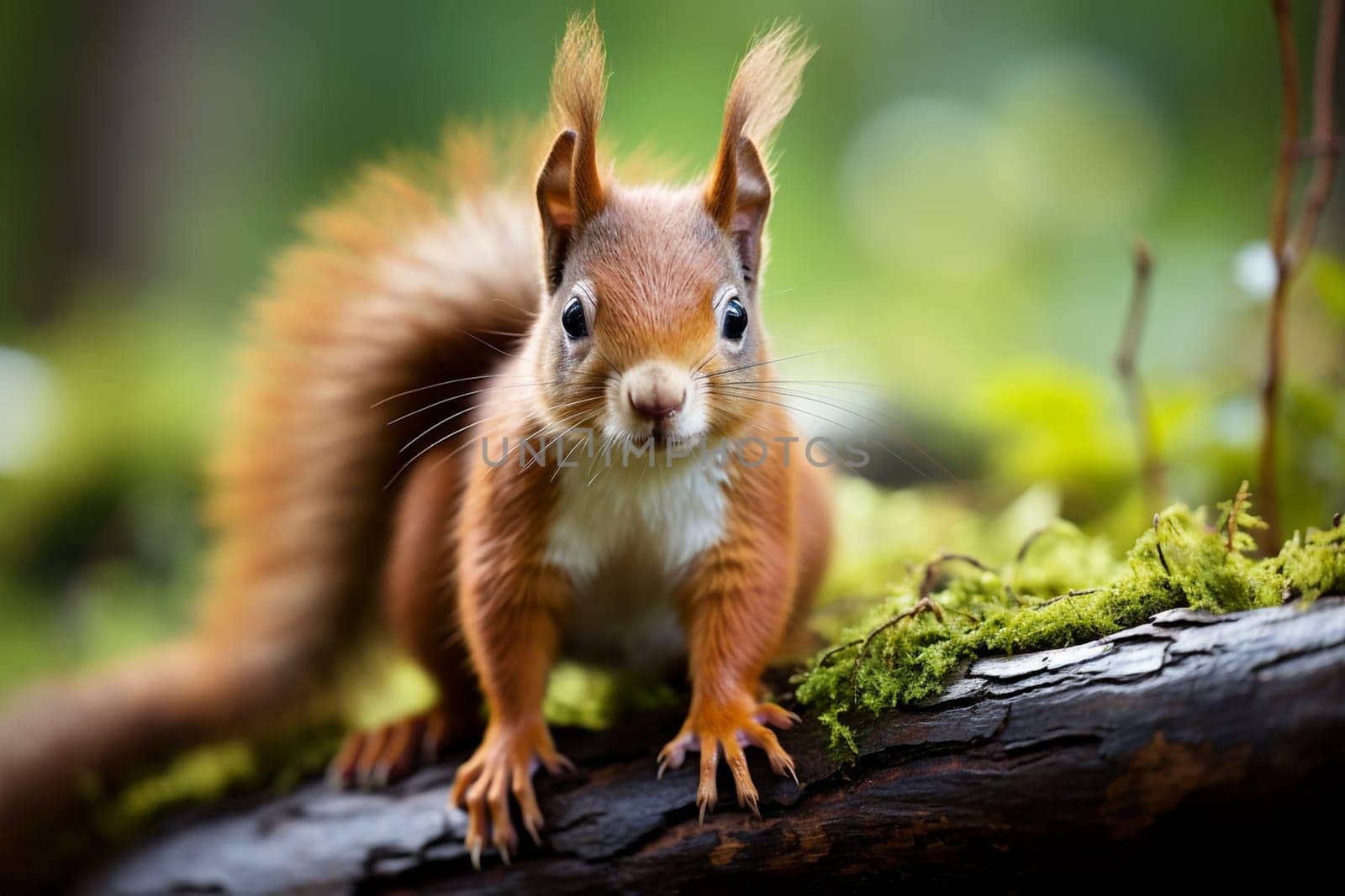 Single red squirrel sits on a tree trunk, generative ai