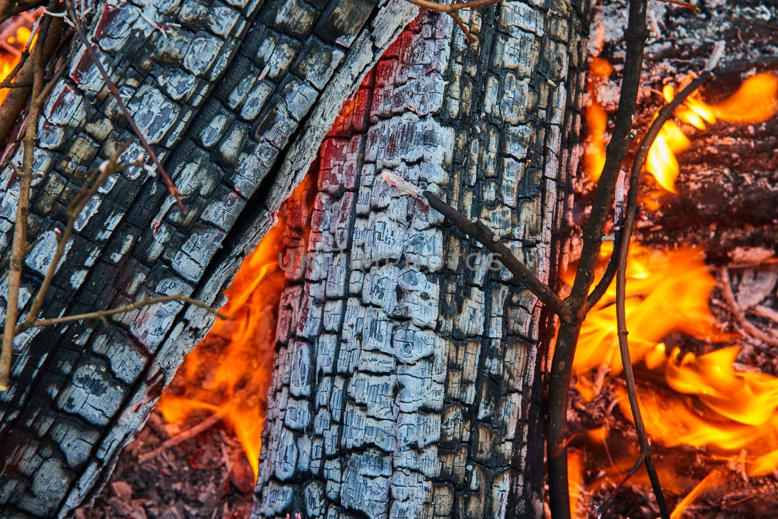 Image of Close up detailed view of two ashen logs with tiny orange and yellow flames