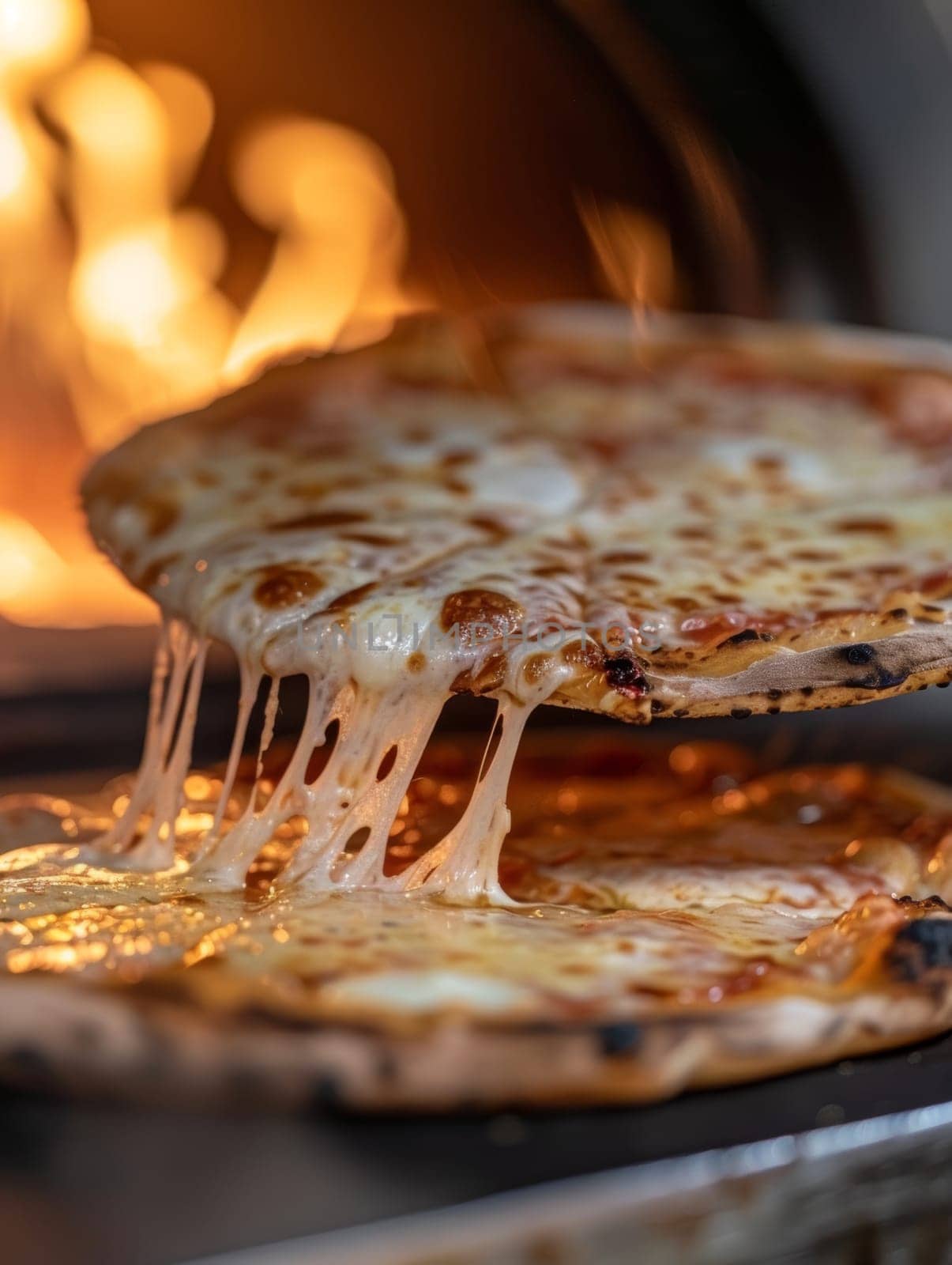 Close-up view of a fresh pizza lift showcasing gooey cheese strings against a fiery oven
