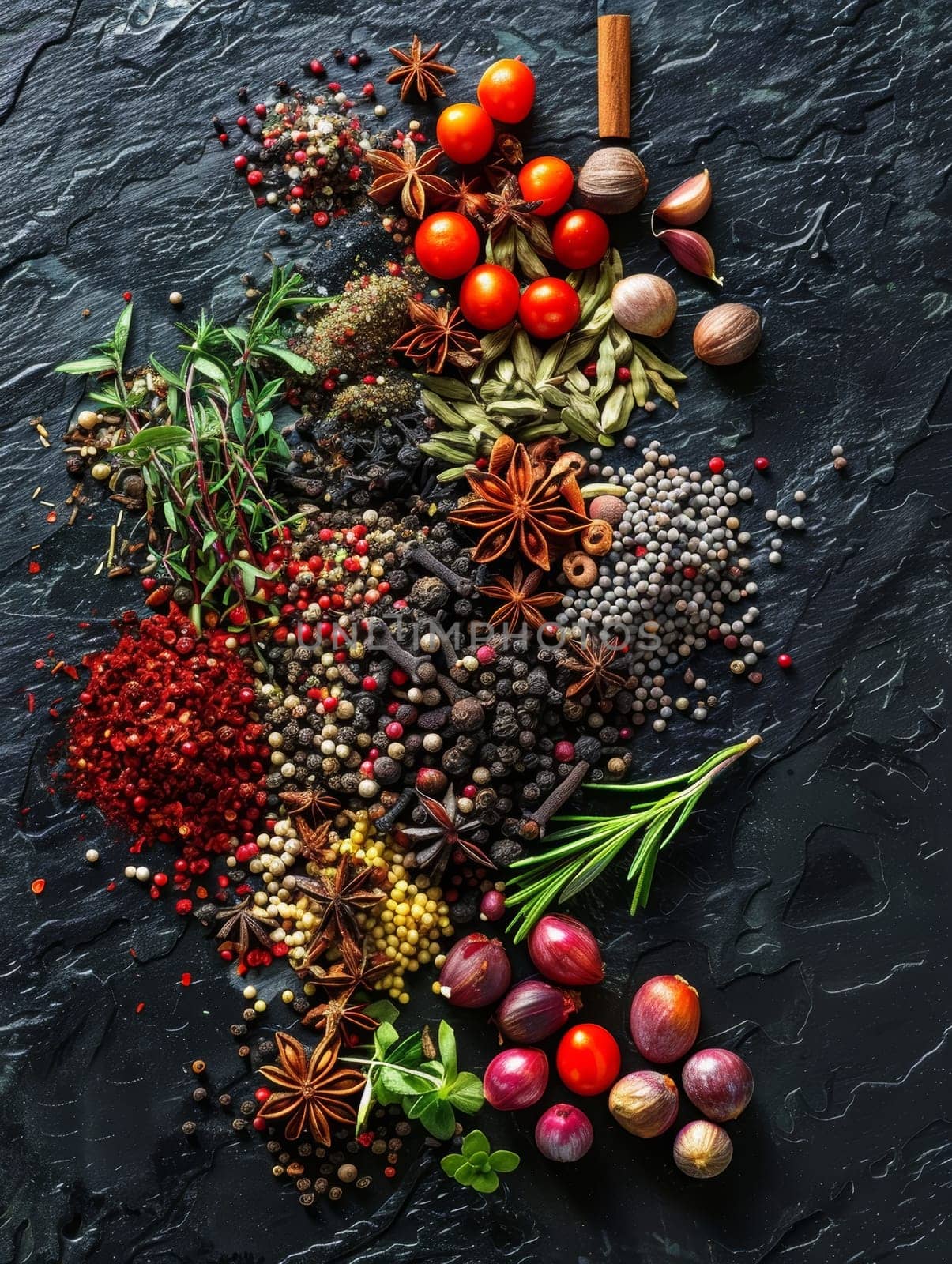 An artistic display of whole spices and fresh herbs beautifully arranged on a textured black slate