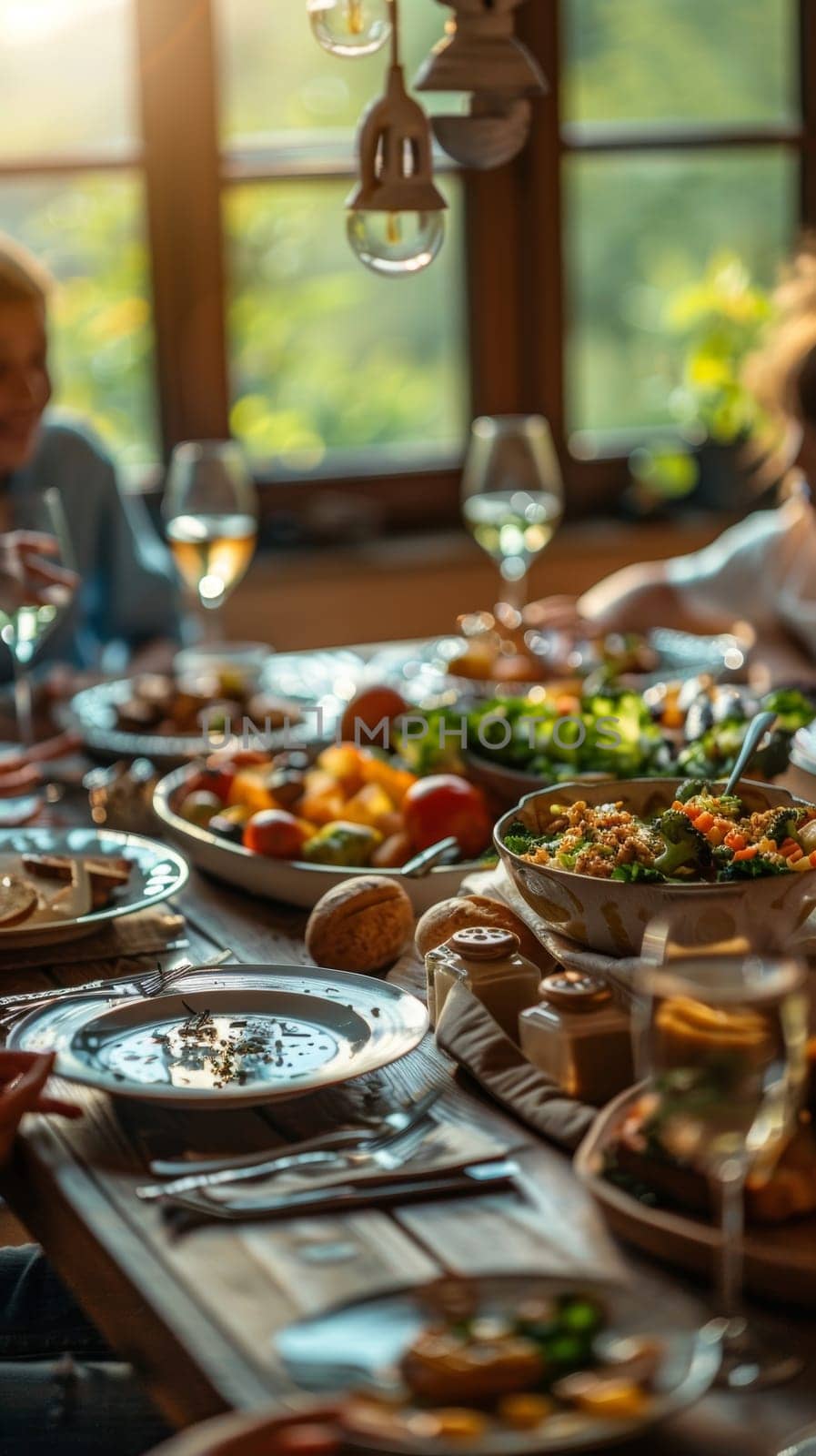 A lively dinner setting featuring friends and family engaged in conversation around, a rustic table adorned with sumptuous dishes under the glow of the golden hour