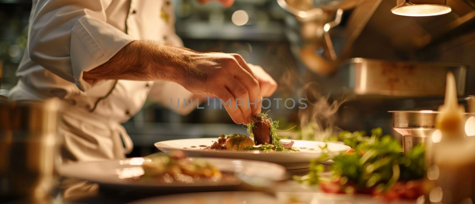 A master chef with finesse adorns a plate with delicate greens, surrounded by the glow of a professional kitchen's hustle and warmth