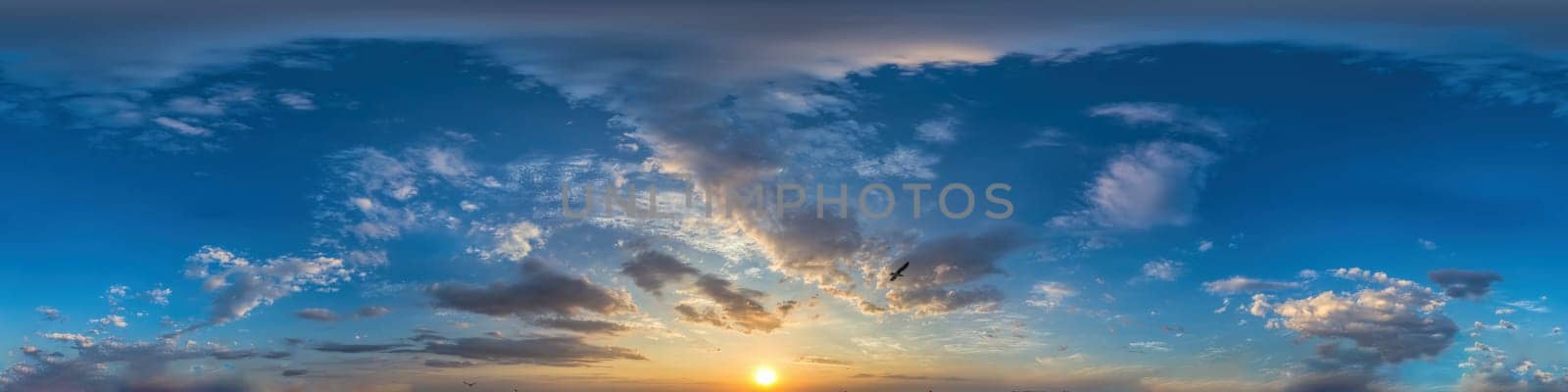 sky panorama with clouds without ground, for easy use in 3D graphics and panorama for composits in aerial and ground spherical panoramas as a sky dome