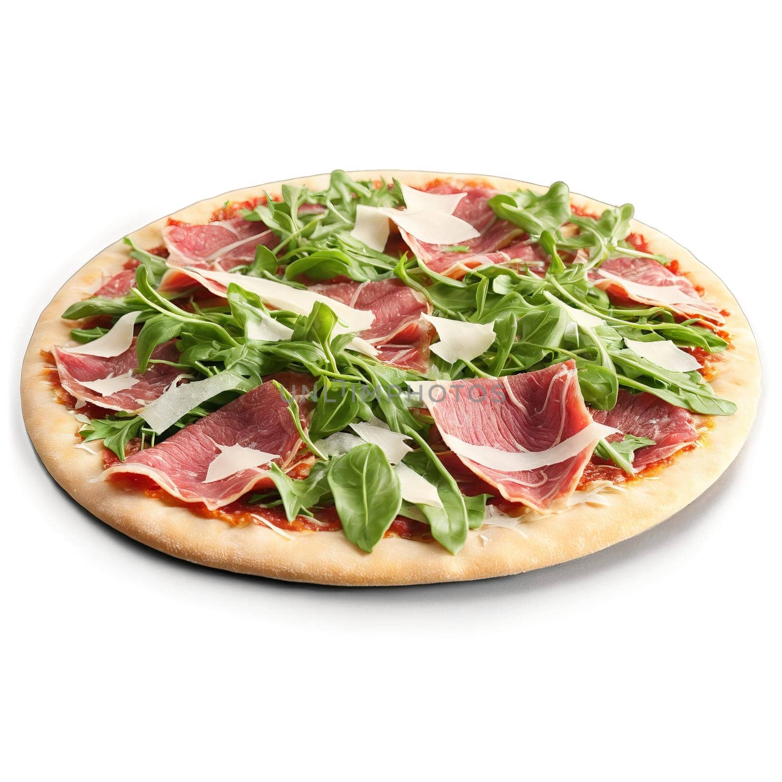 Beef carpaccio pizza tissue thin raw beef slices arugula and Parmesan shavings on flatbread in. Food isolated on transparent background.