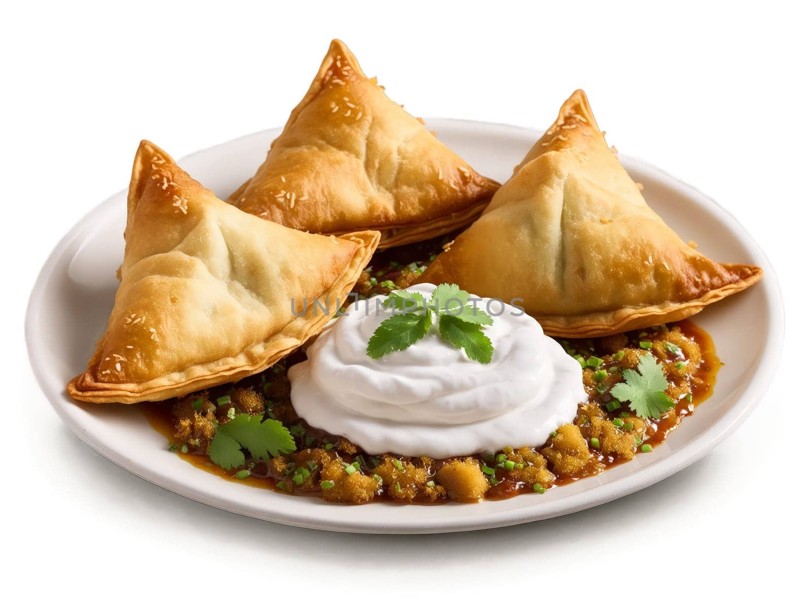 Samosa Chaat Crispy golden fried samosas topped with tangy chutneys yogurt and medley of fresh. Food isolated on transparent background.
