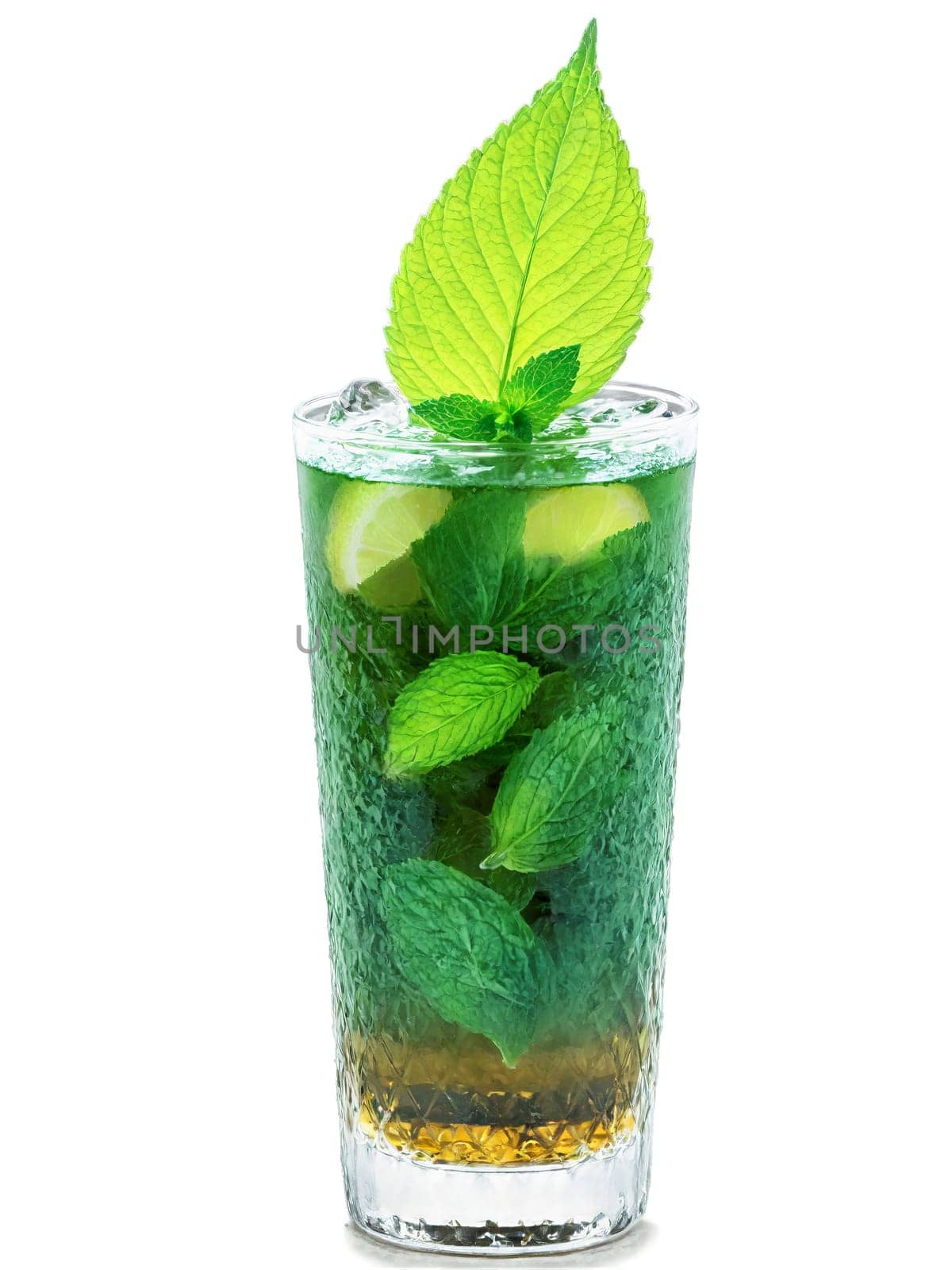 Spearmint tea tall glass pointed green leaves cooling mint flavor digestive aid. Drink isolated on transparent background.