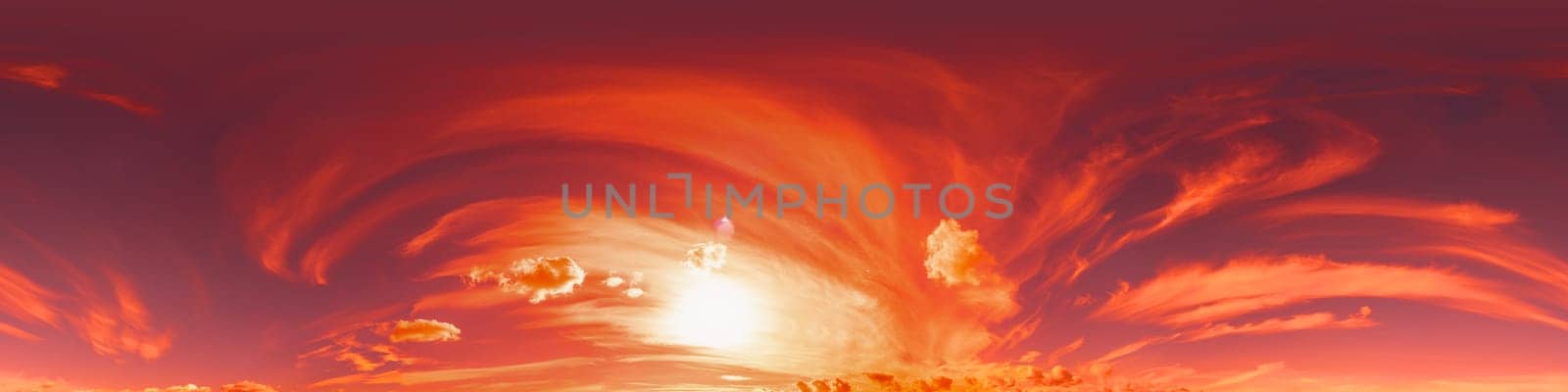 Golden glowing red orange overcast sunset sky 360 hdr panorama. Seamless spherical equirectangular panorama. Sky dome or zenith for 3D visualization and sky replacement for aerial drone 360 panoramas.