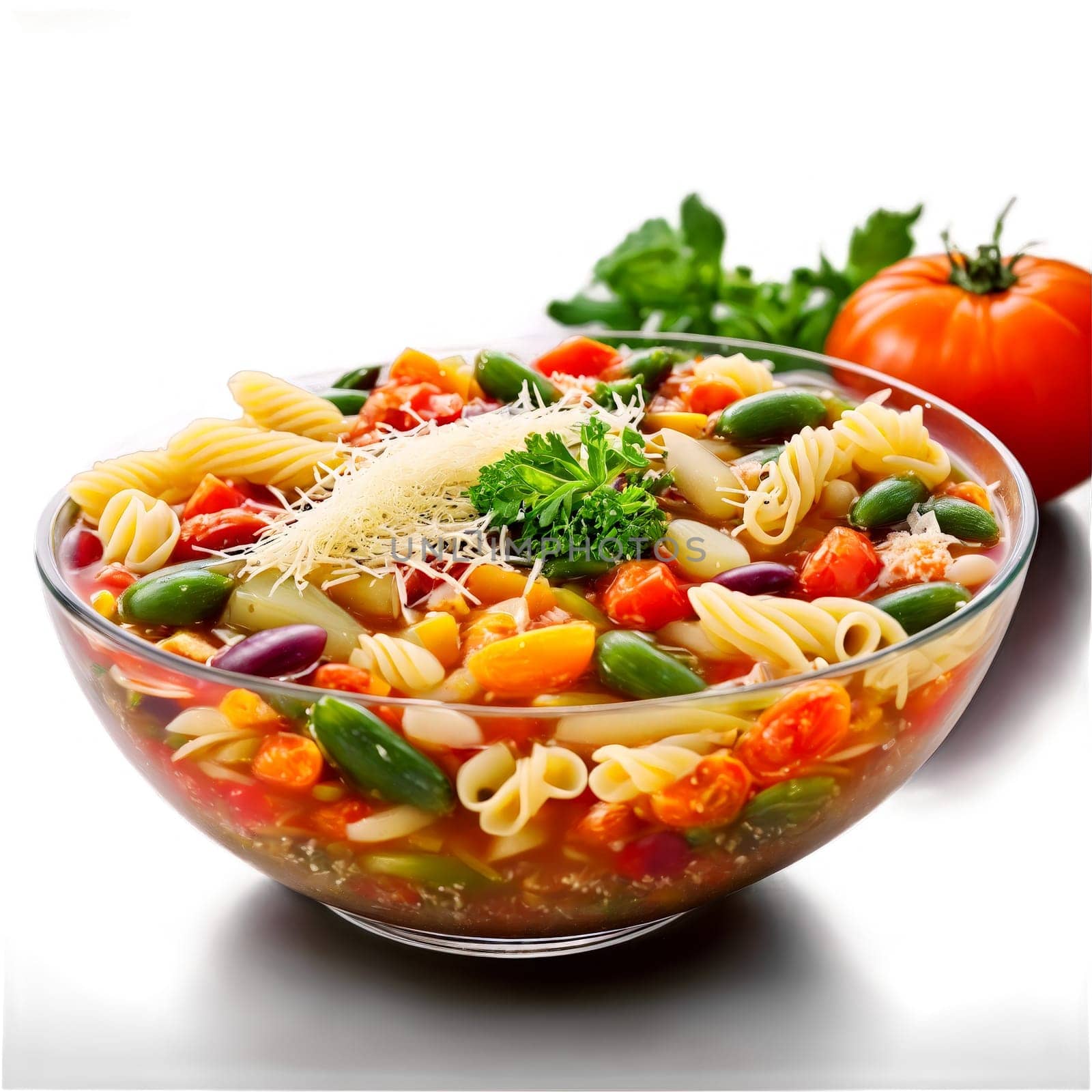 Minestrone soup a colorful medley of vegetables beans and pasta in a savory tomato broth. Food isolated on transparent background