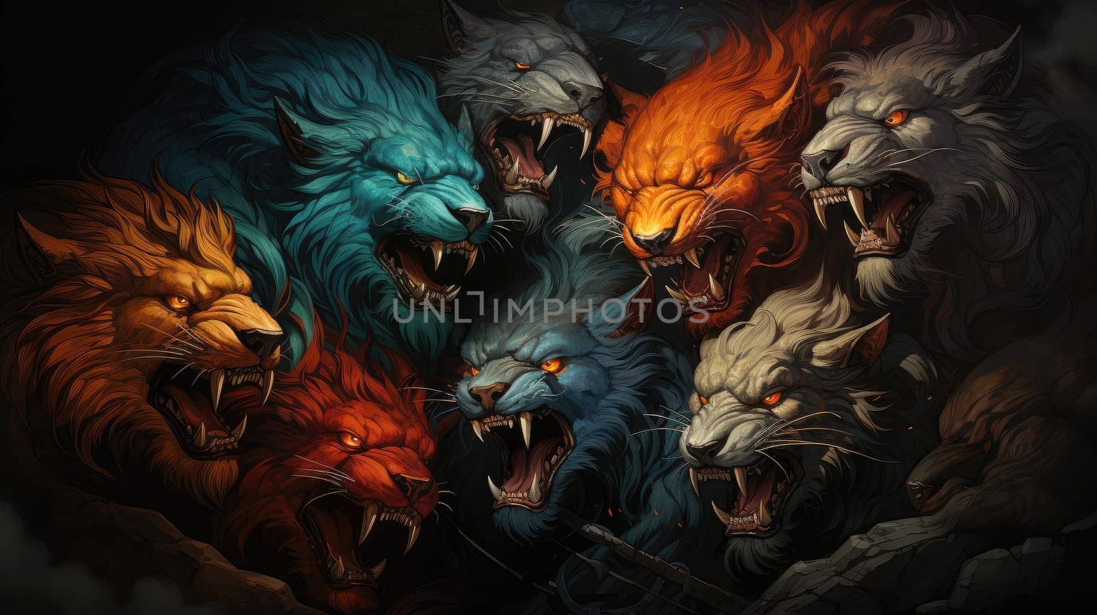 A pack of lions with huge and sharp fangs, painted in orange, blue and grey colours, roaring furiously, radiating primal energy.