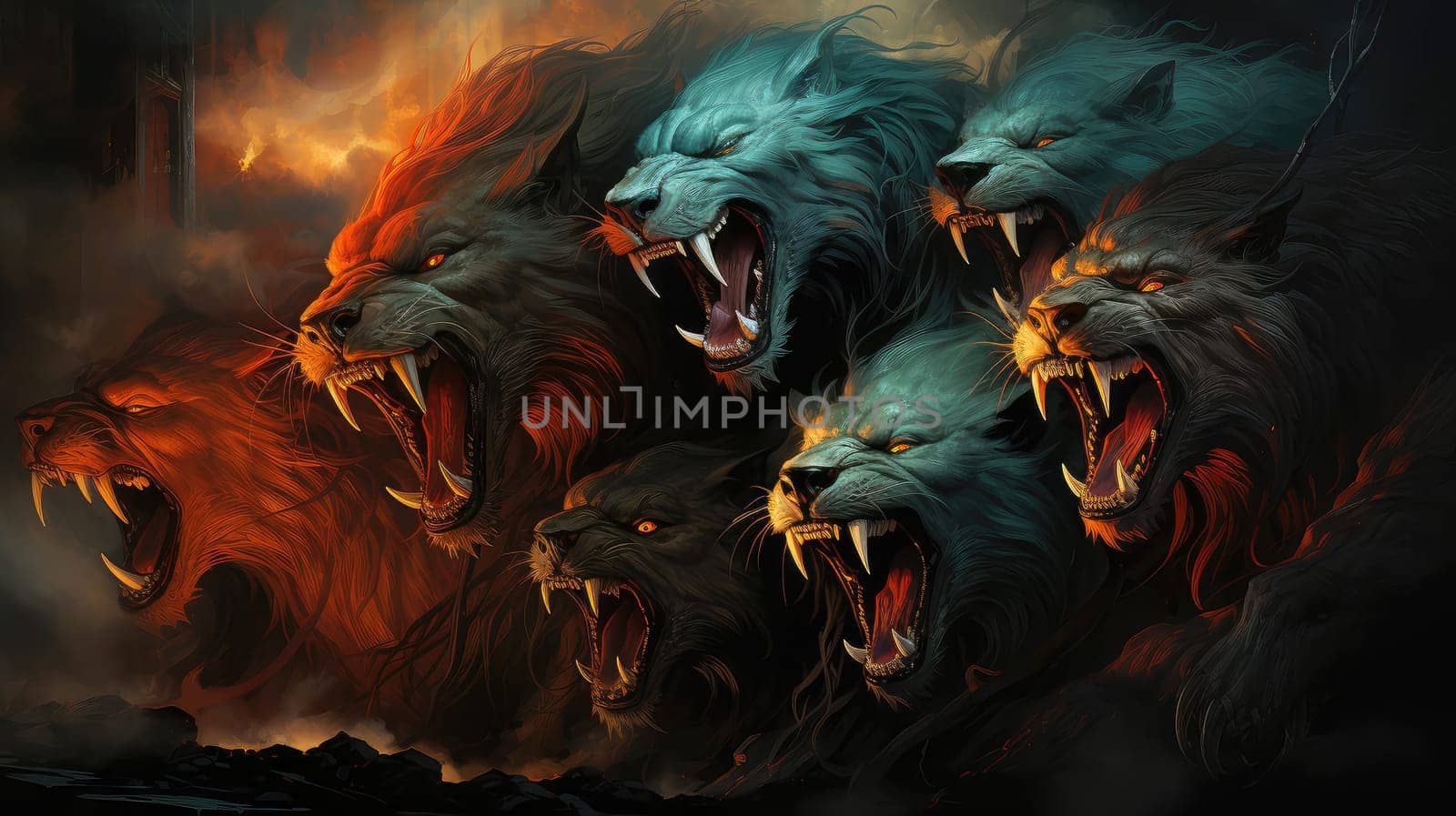 A pack of lions with huge and sharp fangs, painted in orange, blue and grey colours, roaring furiously, radiating primal energy.
