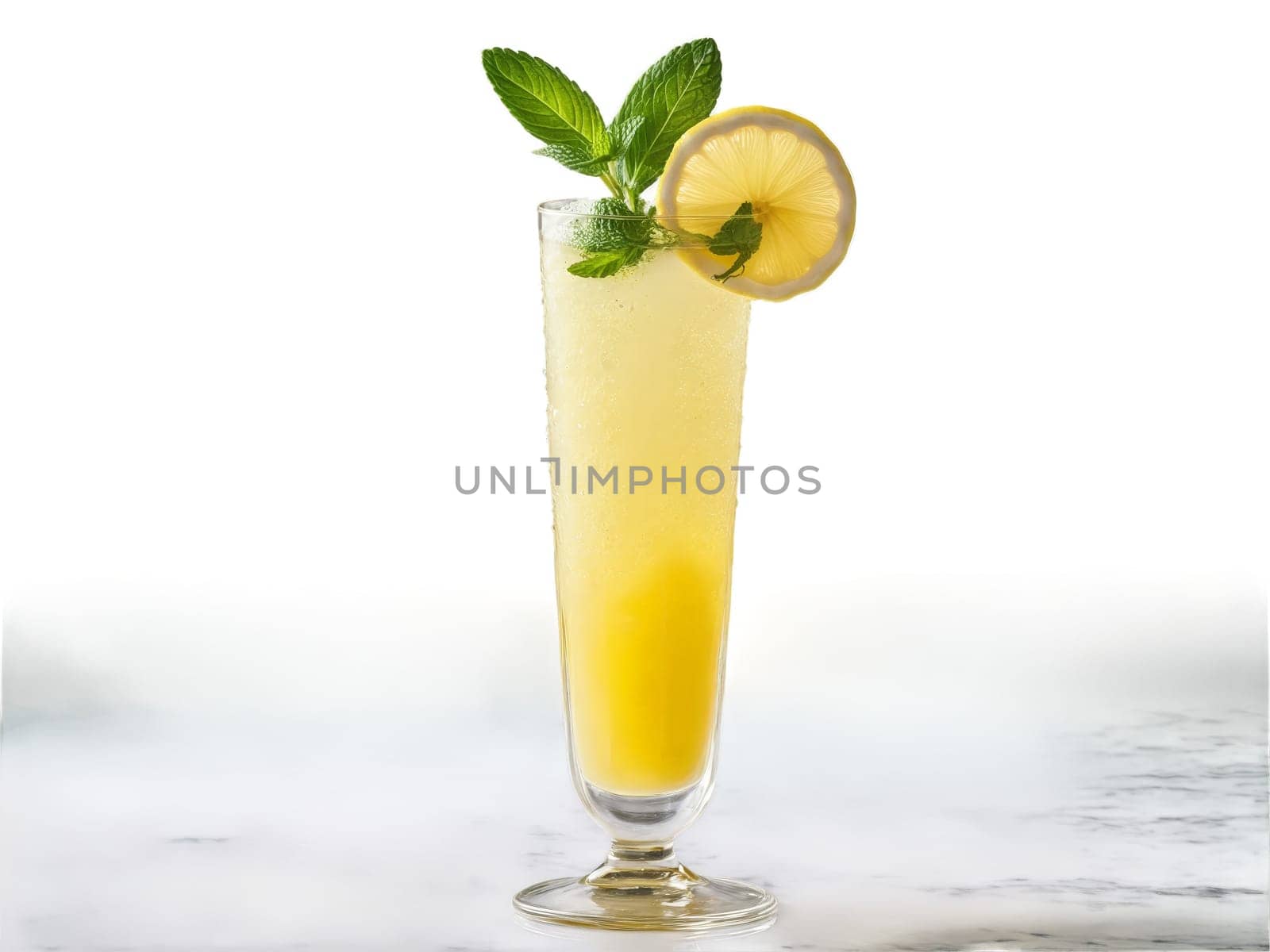Lesothoan Maloha in tall glass garnished with slice of lemon and sprig of mint. Drink isolated on transparent background.