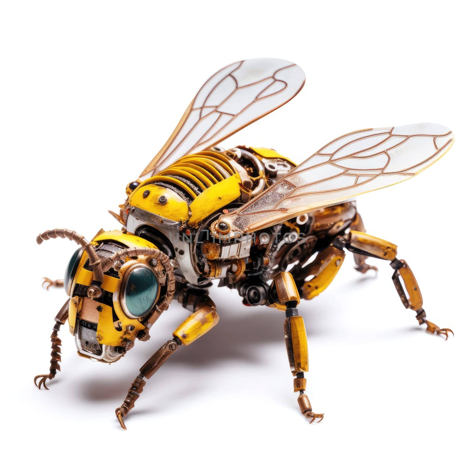 A futuristic robotic bee design with mechanical limbs and wings, blending nature and technology.