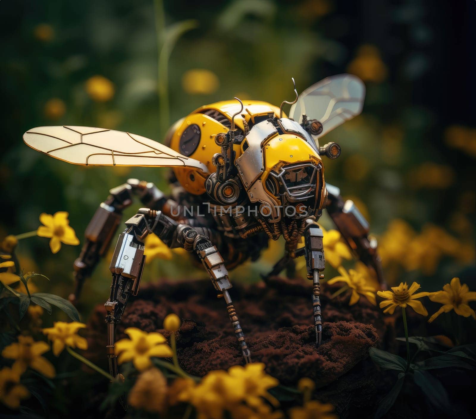 A futuristic robotic bee in a garden of flowers design with mechanical limbs and wings, blending nature and technology.