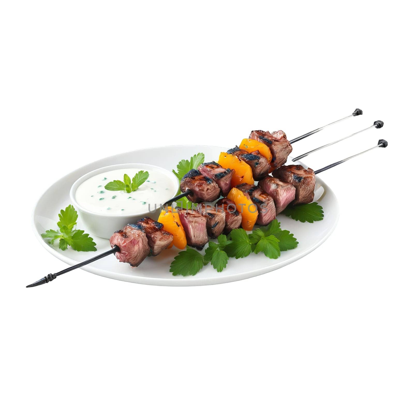 Grilled ostrich kebabs char marks apricot glaze mint yogurt sauce parsley garnish Culinary and Food. Food isolated on transparent background