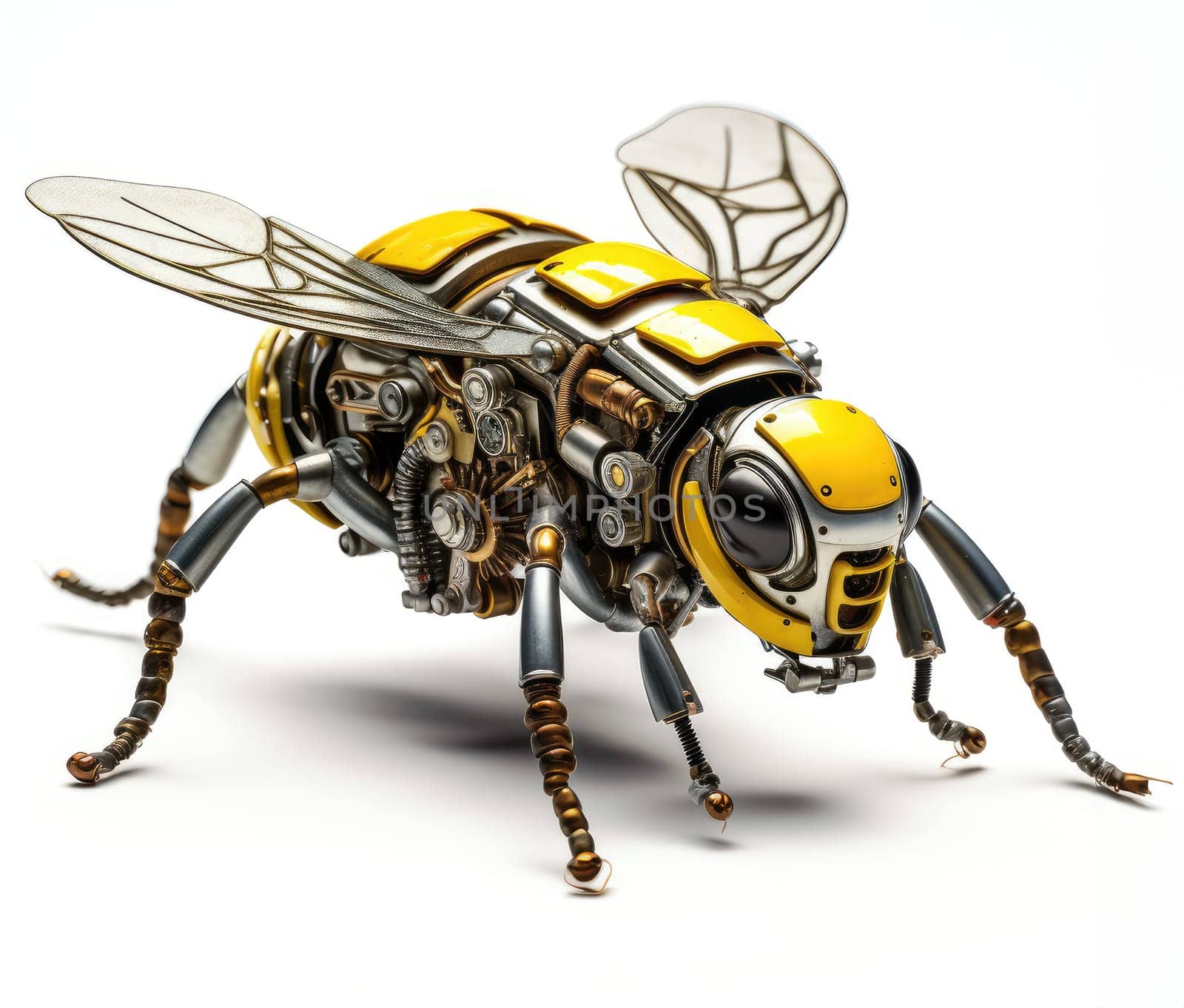 A futuristic robotic bee design with mechanical limbs and wings, blending nature and technology.
