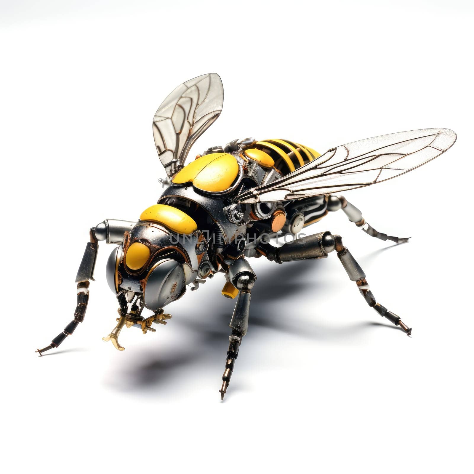 A futuristic robotic bee design with mechanical limbs and wings, blending nature and technology.