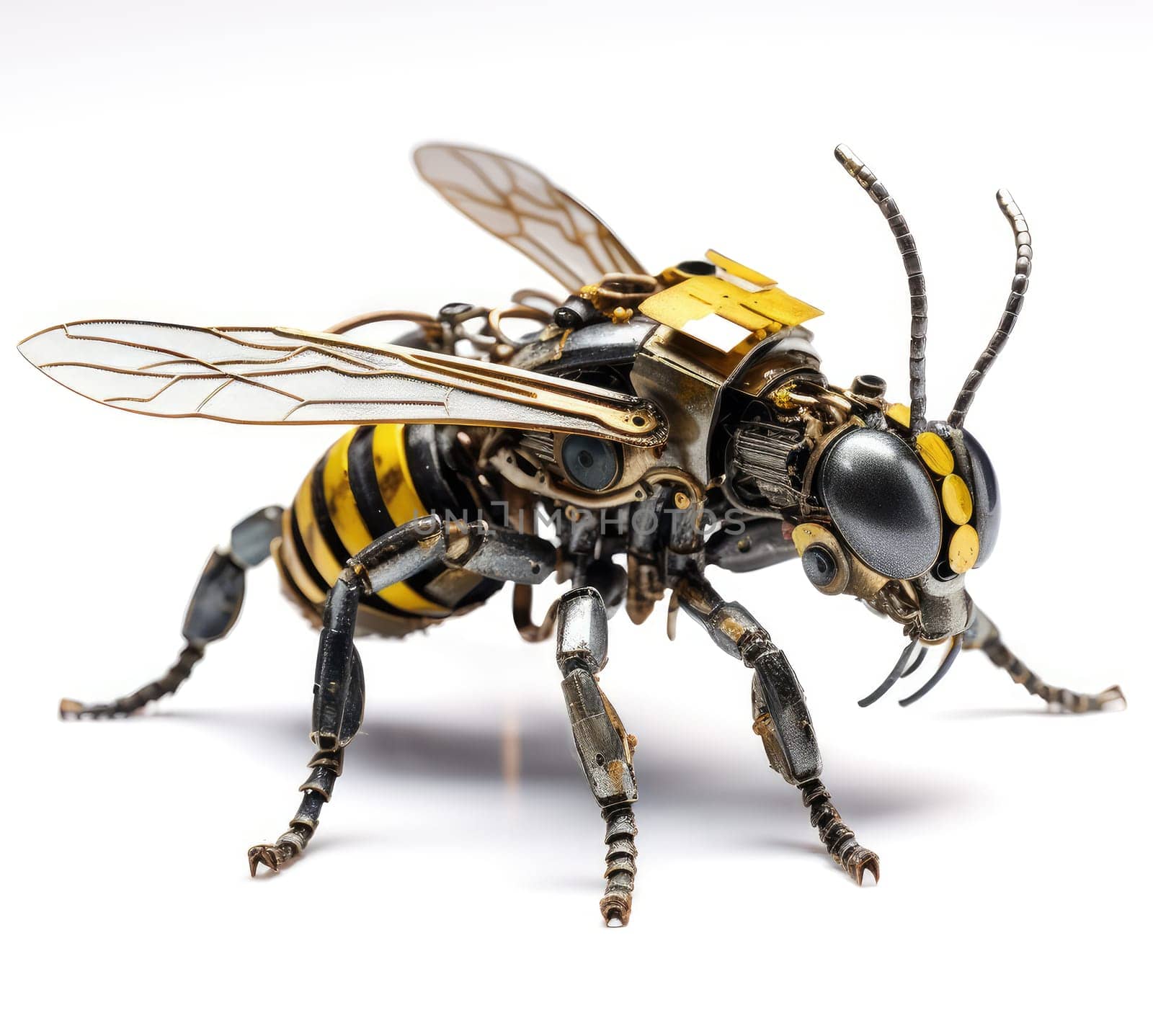 A futuristic robotic bee design with mechanical limbs and wings, blending nature and technology.
