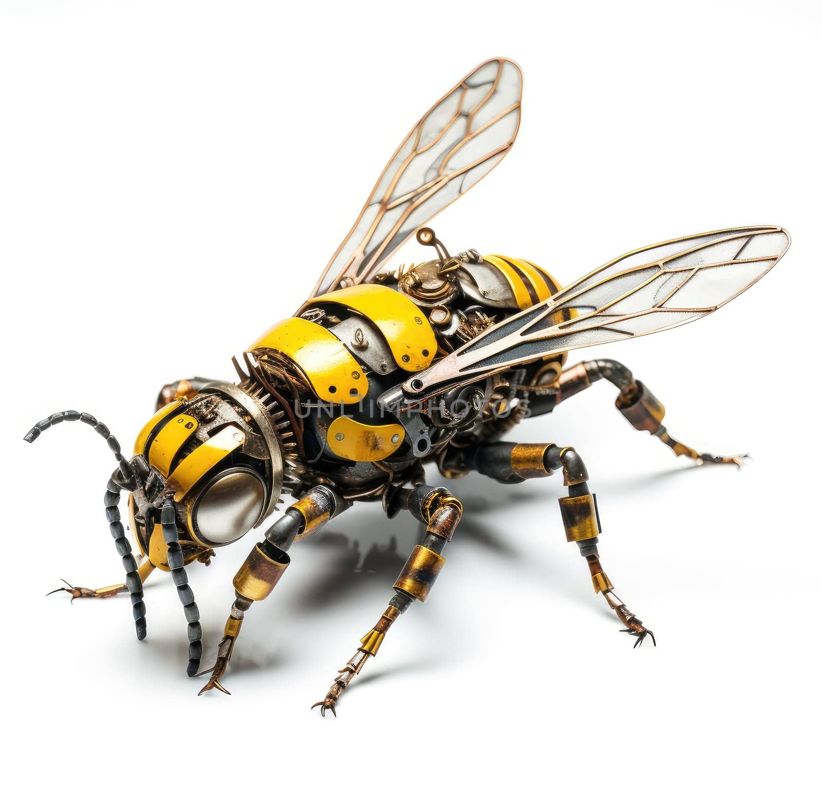 A futuristic robotic bee design with mechanical limbs and wings, blending nature and technology.