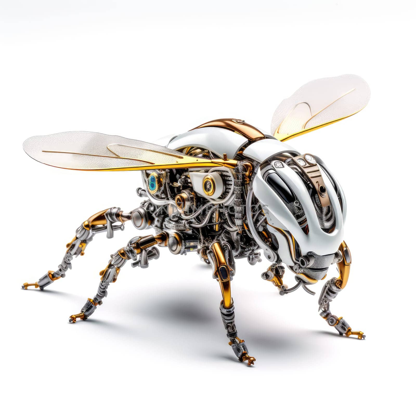 A futuristic robotic bee design with mechanical limbs and wings, blending nature and technology.