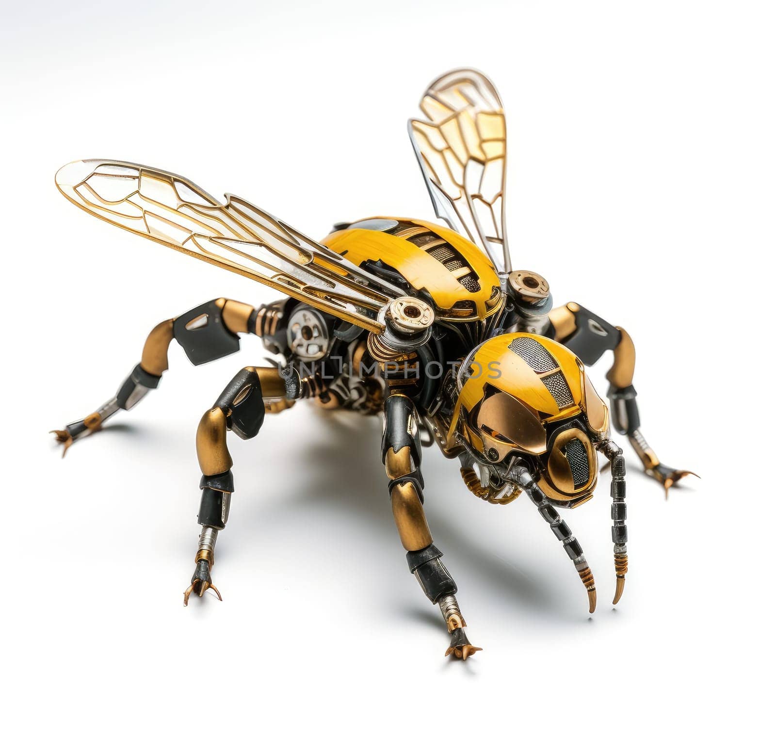 A futuristic robotic bee design with mechanical limbs and wings, blending nature and technology.