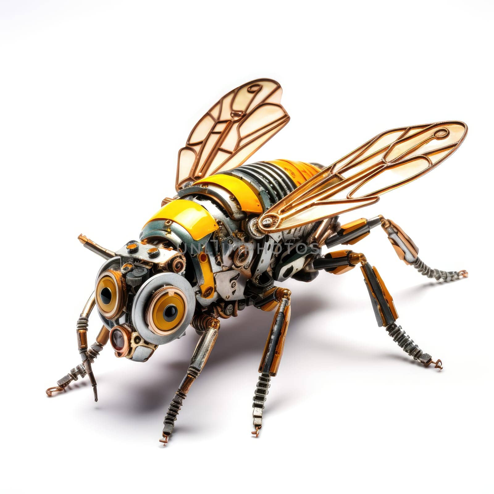 A futuristic robotic bee design with mechanical limbs and wings, blending nature and technology.