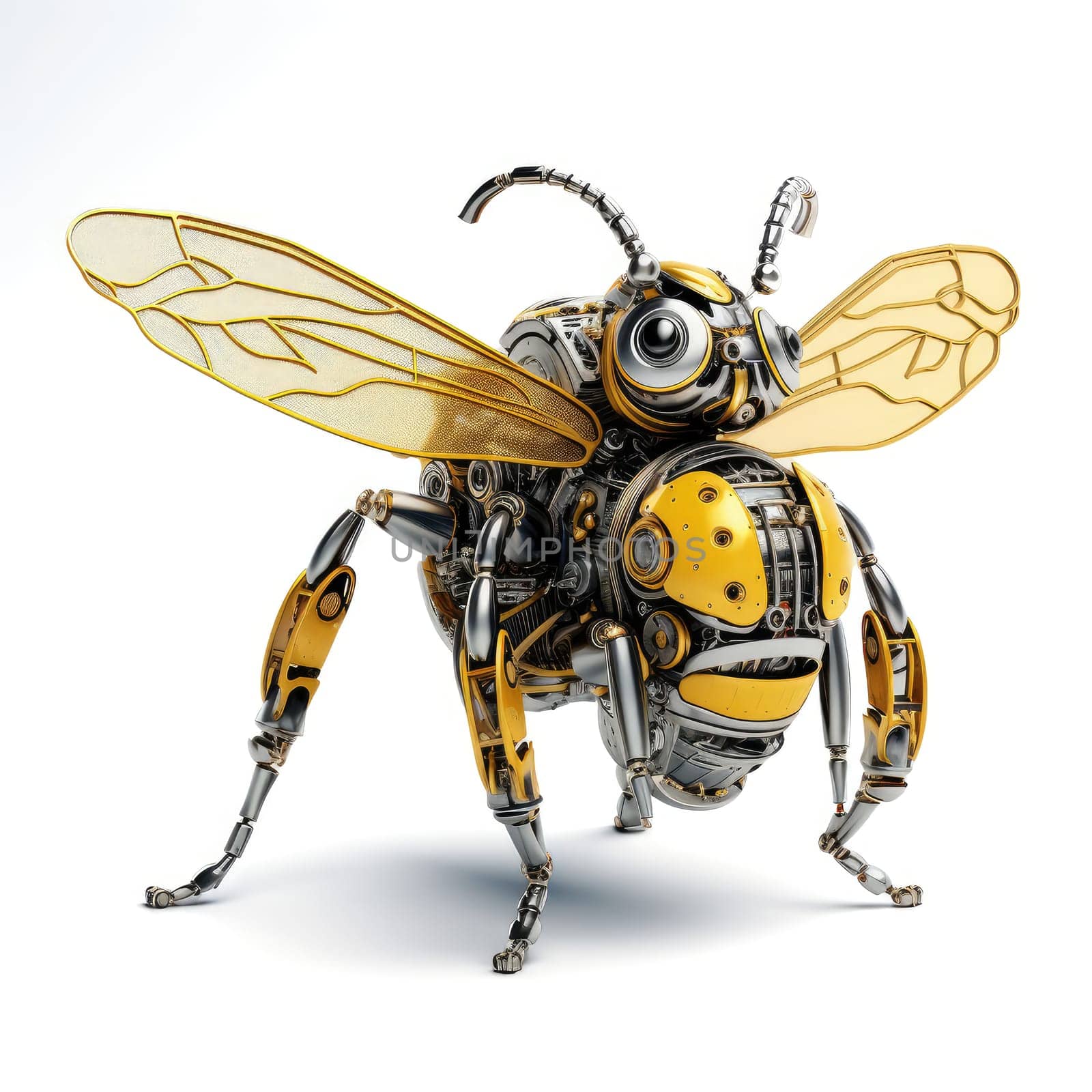A futuristic robotic bee design with mechanical limbs and wings, blending nature and technology.