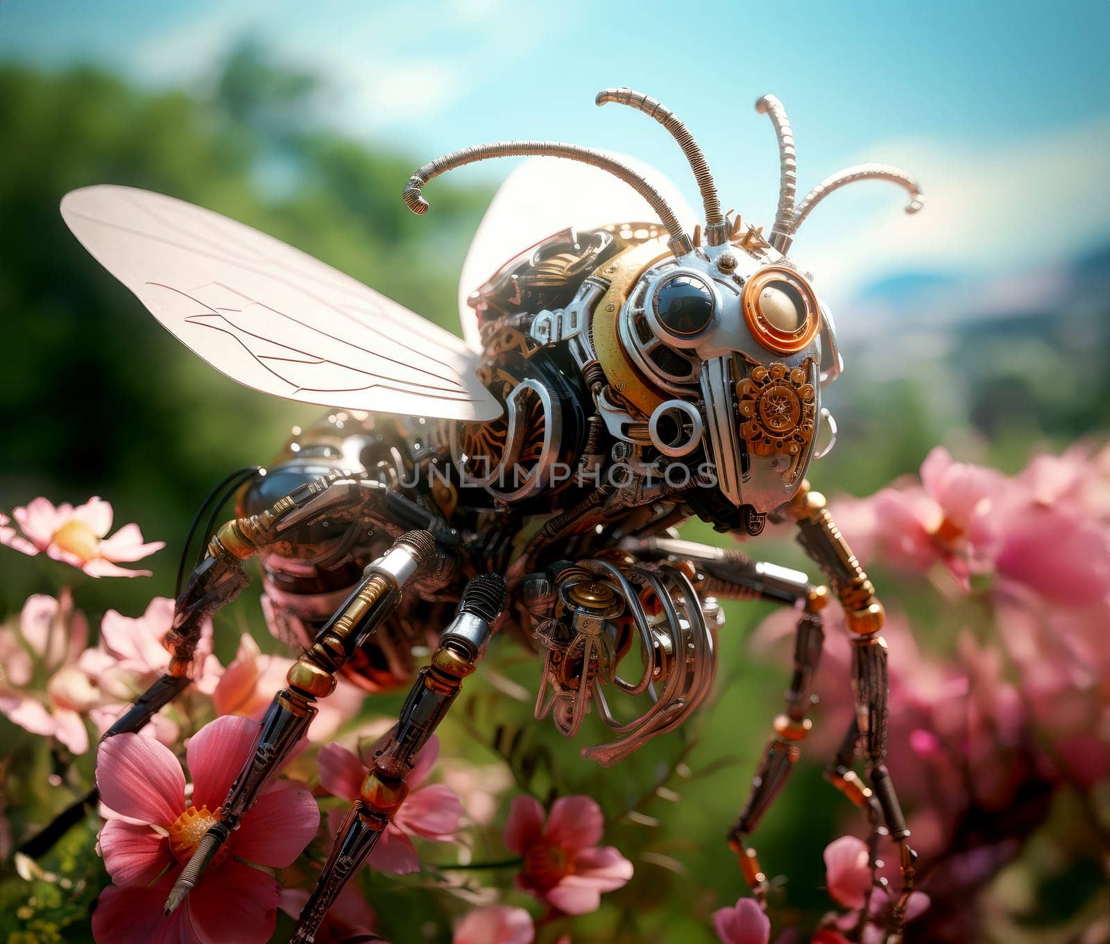A futuristic robotic bee in a garden of flowers design with mechanical limbs and wings, blending nature and technology.