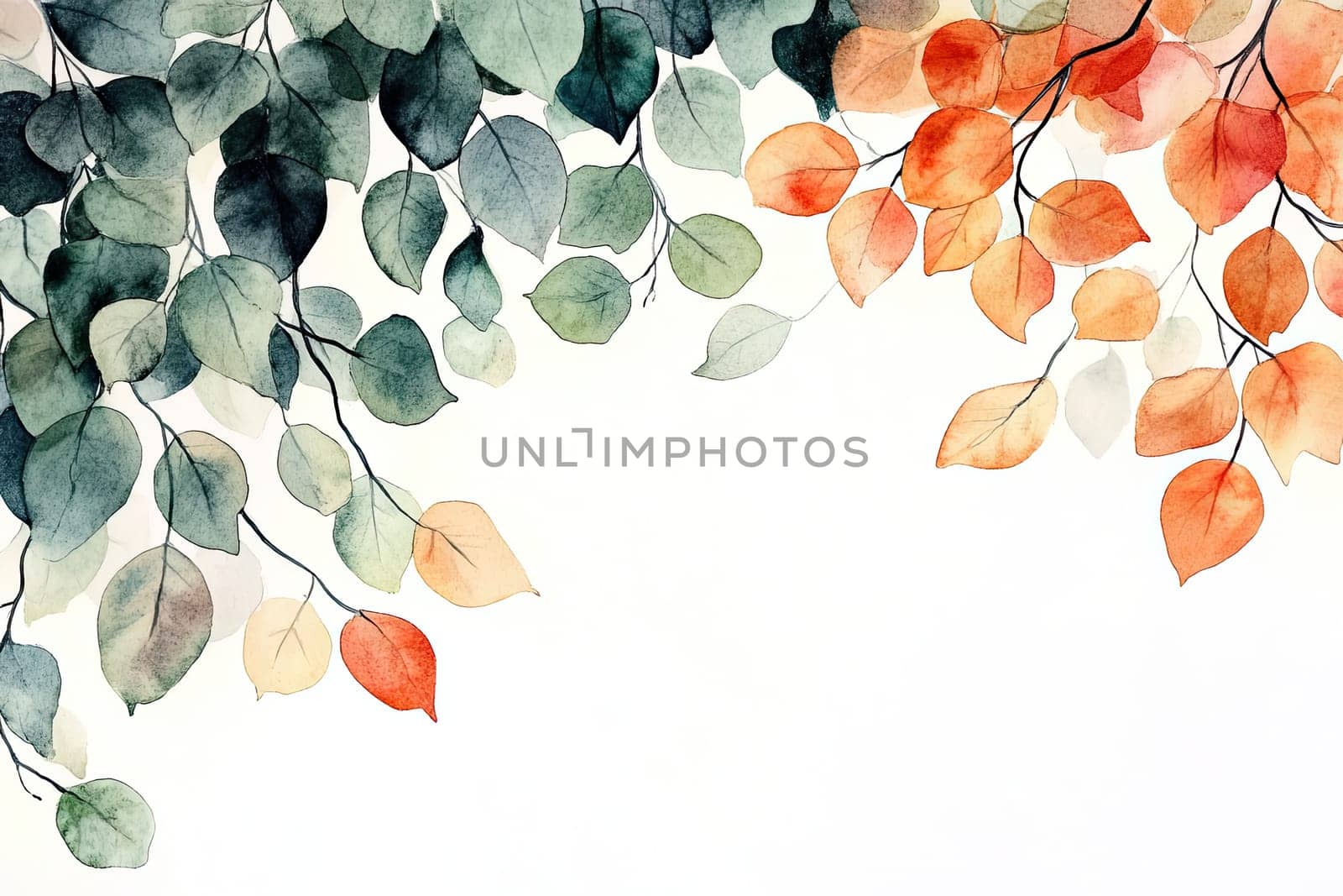 A beautiful watercolor artwork featuring eucalyptus leaves in varied hues of green, yellow, and red, complemented by vibrant red berries, elegantly arranged against a white background.