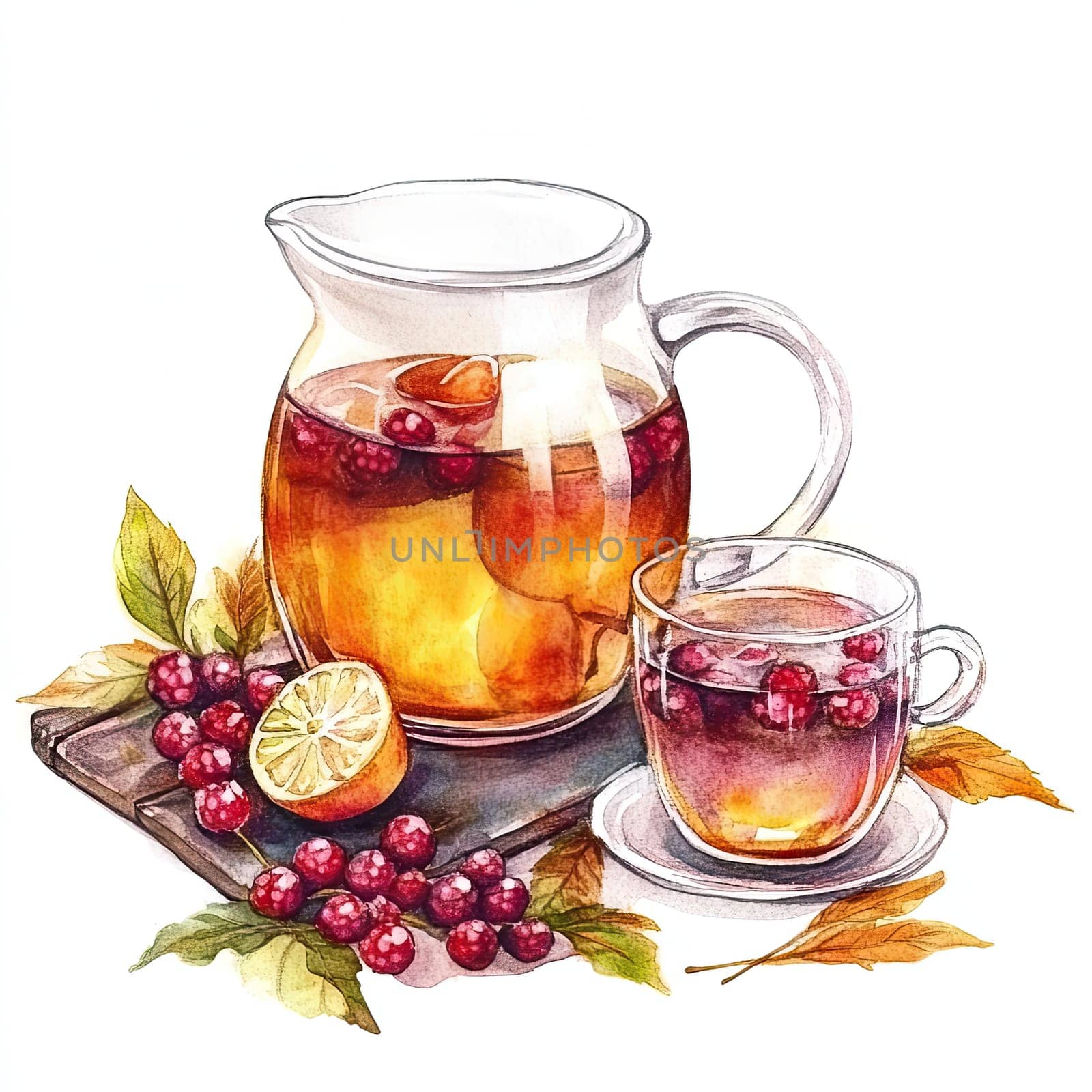 A steaming cup of herbal tea sits on a saucer beside a glass teapot filled with berry-infused tea, surrounded by vibrant autumn leaves. The atmosphere conveys warmth and comfort.