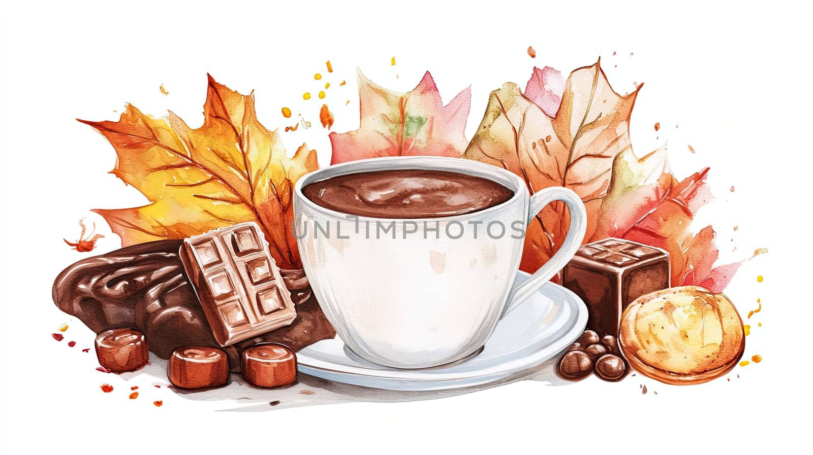 A steaming cup of tea is nestled among vibrant autumn leaves and a small pumpkin, creating a warm and inviting autumn atmosphere perfect for relaxation.