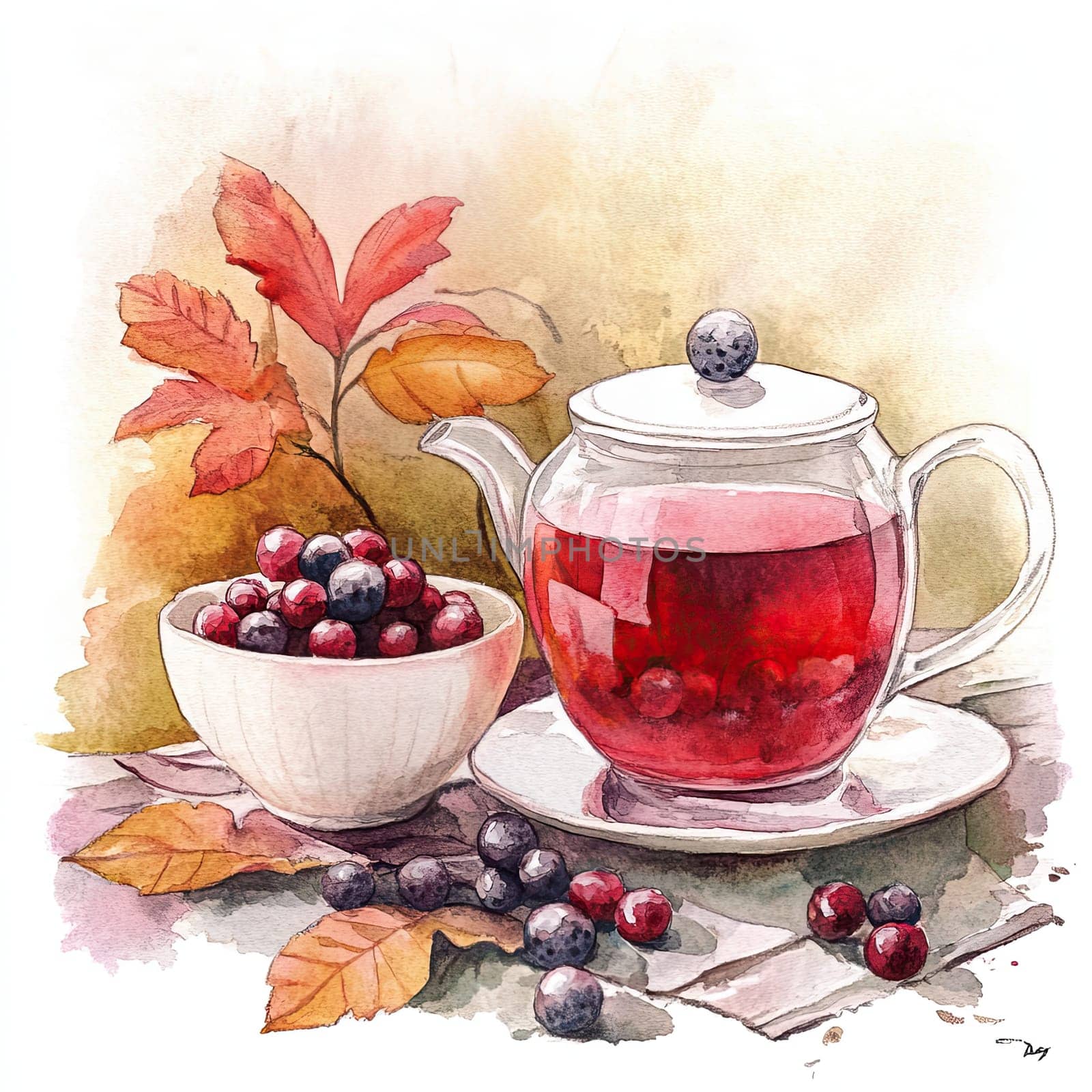 A steaming cup of herbal tea filled with vibrant berries sits on a rustic wooden table. A glass pitcher nearby holds more tea, complemented by colorful autumn leaves, creating a tranquil ambiance.