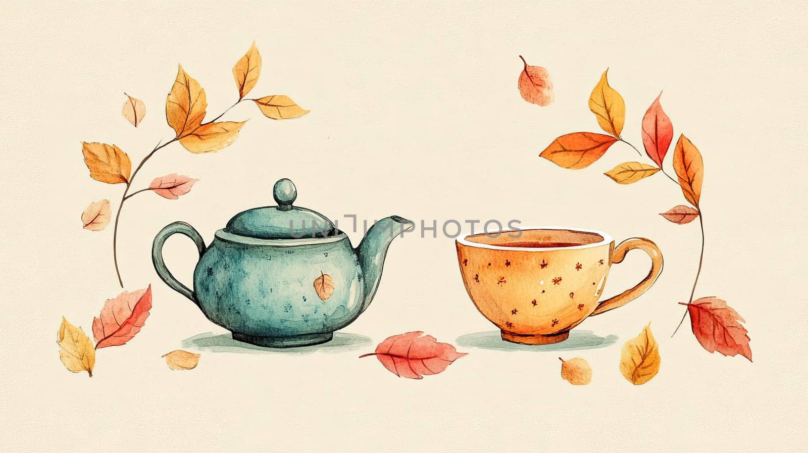 Warm hues of orange and yellow evoke a cozy atmosphere as a crafted cup of tea sits next to a decorative teapot amid autumn leaves, creating a peaceful fall moment.
