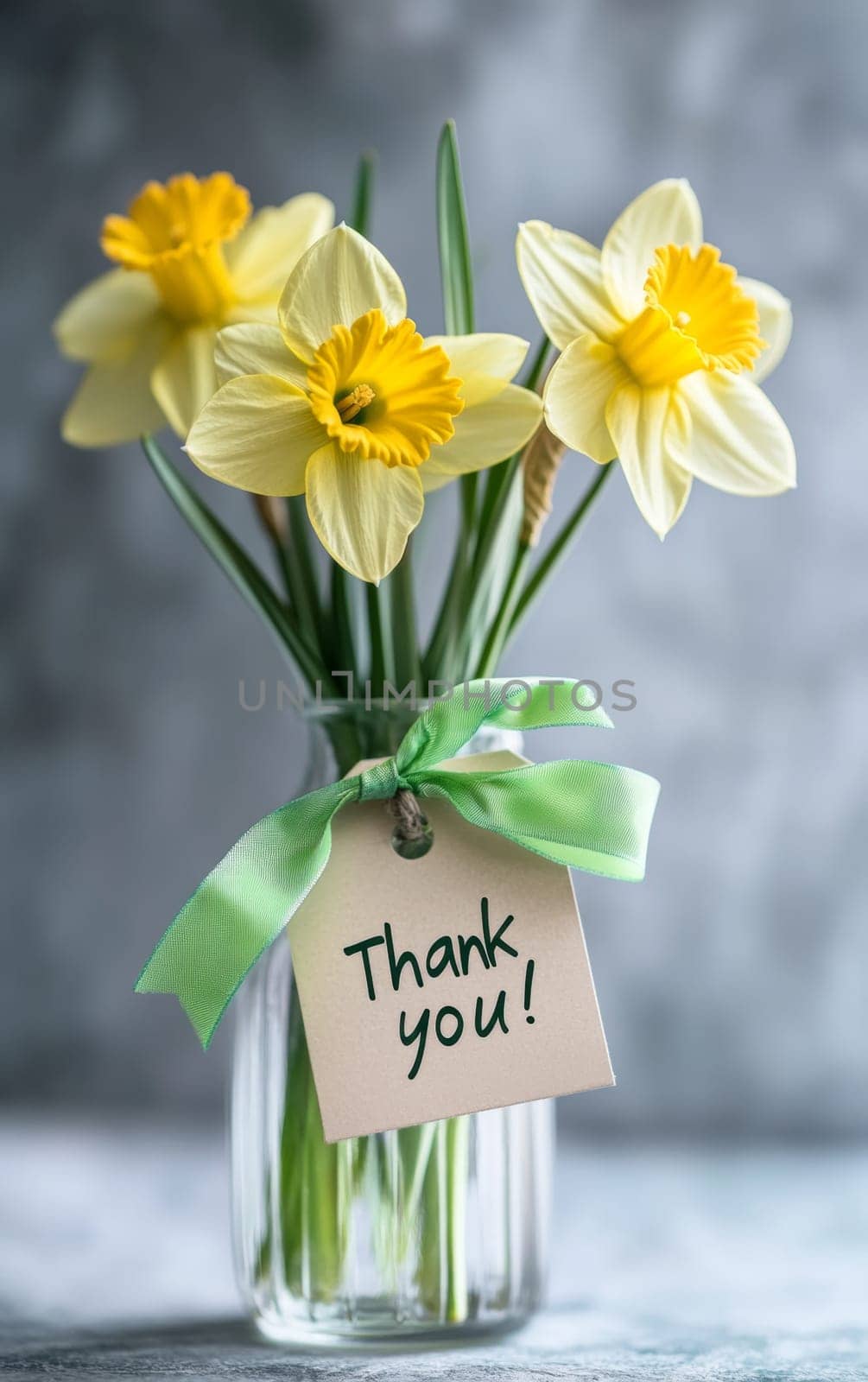 Bouquet of daffodils in a glass vase on a gray background. The inscription "thank you" on a bouquet of flowers. High quality photo