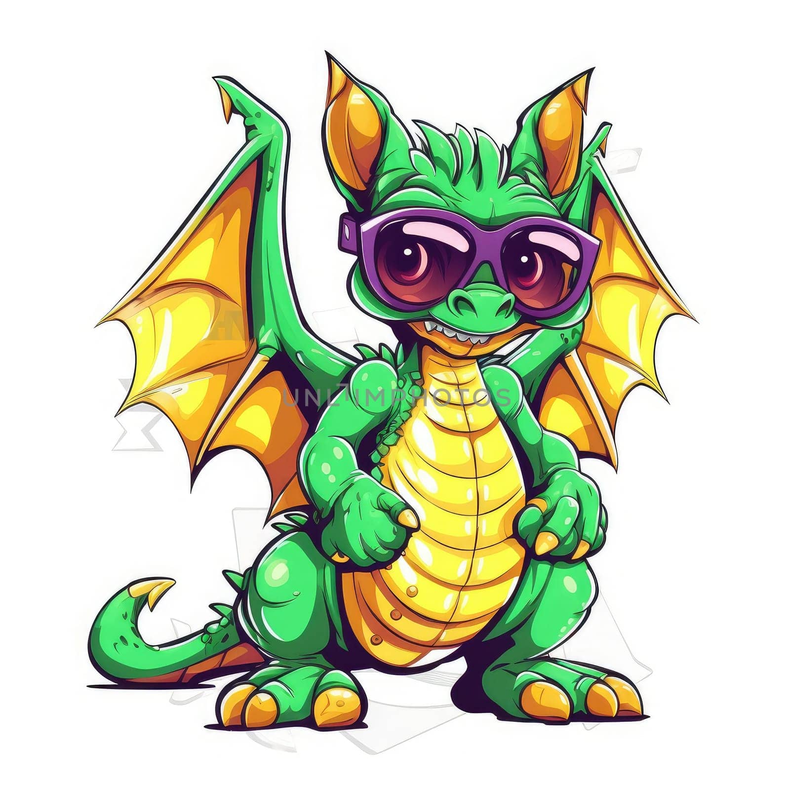 Portrait of a cute young fairy hipster dragon wearing sunglasses. Graphic design element. Template for sticker, poster, t-shirt print, etc.