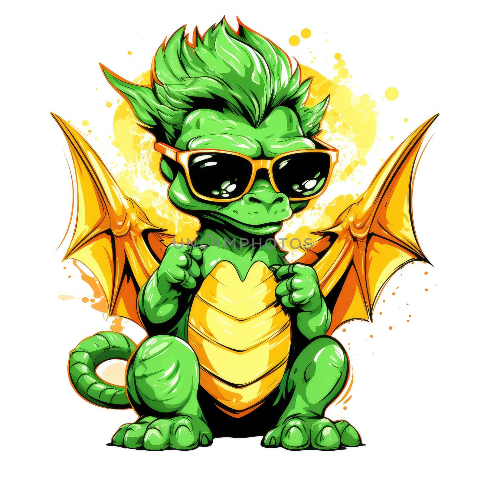 Portrait of a cute young fairy hipster dragon wearing sunglasses. Graphic design element. Template for sticker, poster, t-shirt print, etc.