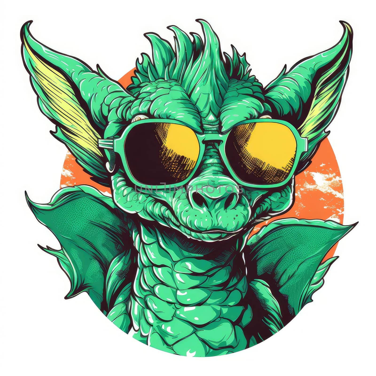 Portrait of a cute young fairy hipster dragon wearing sunglasses. Graphic design element. Template for sticker, poster, t-shirt print, etc.